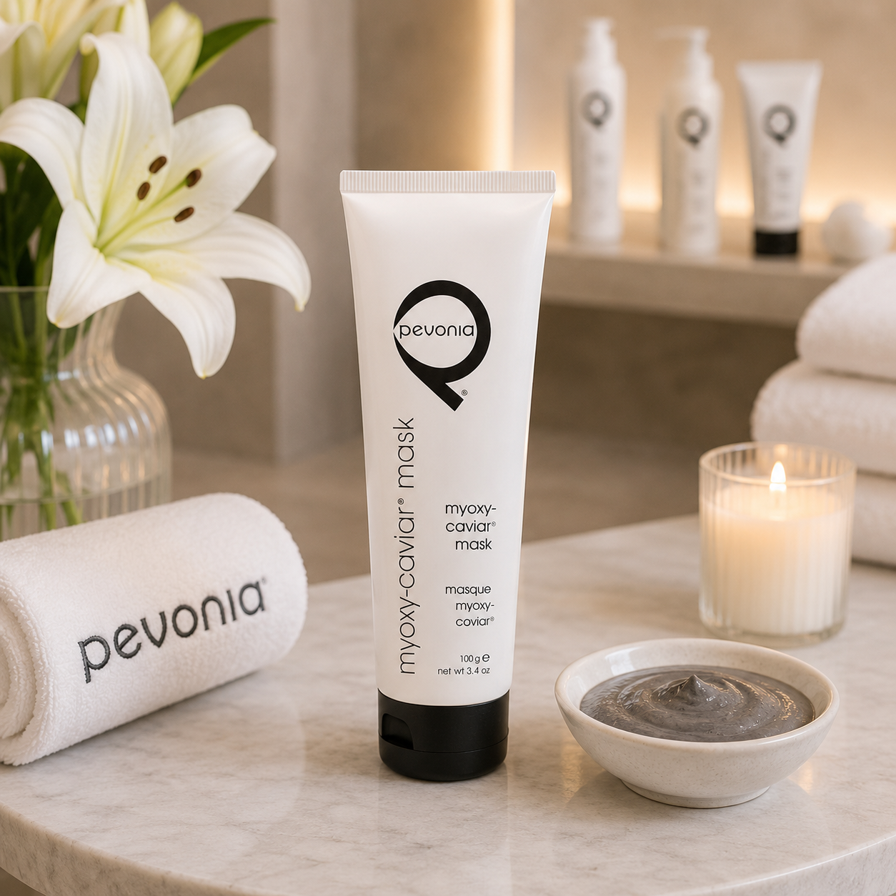 Pevonia Myoxy-Caviar Mask 100g displayed in a luxury spa treatment room for firming professional facial treatments.