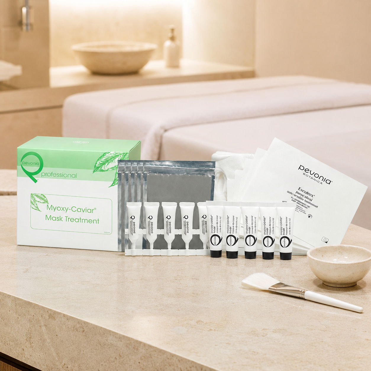 Pevonia Myoxy-Caviar Mask Treatment 5 pack displayed in an upmarket day spa facial treatment room with unbranded mask treatment accessories.