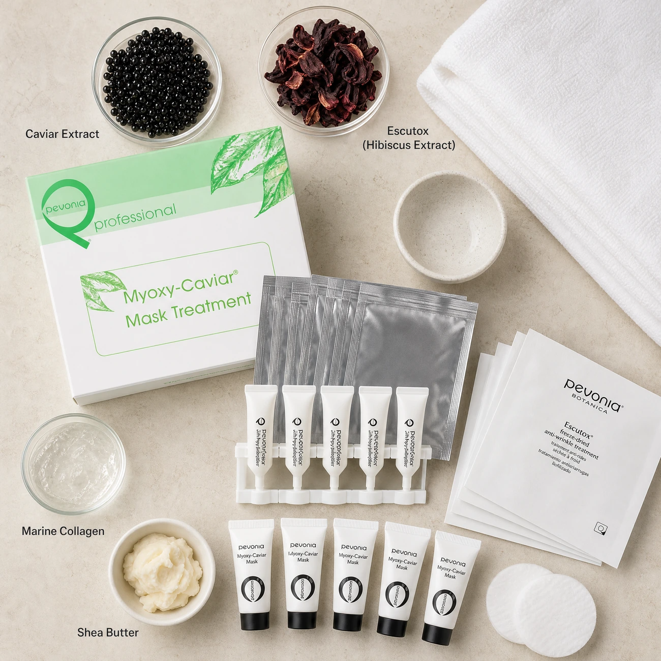 Pevonia Myoxy-Caviar Mask Treatment ingredients flatlay with caviar extract, Escutox hibiscus extract, marine collagen, and shea butter in clean glass petri dishes for professional B2B education.