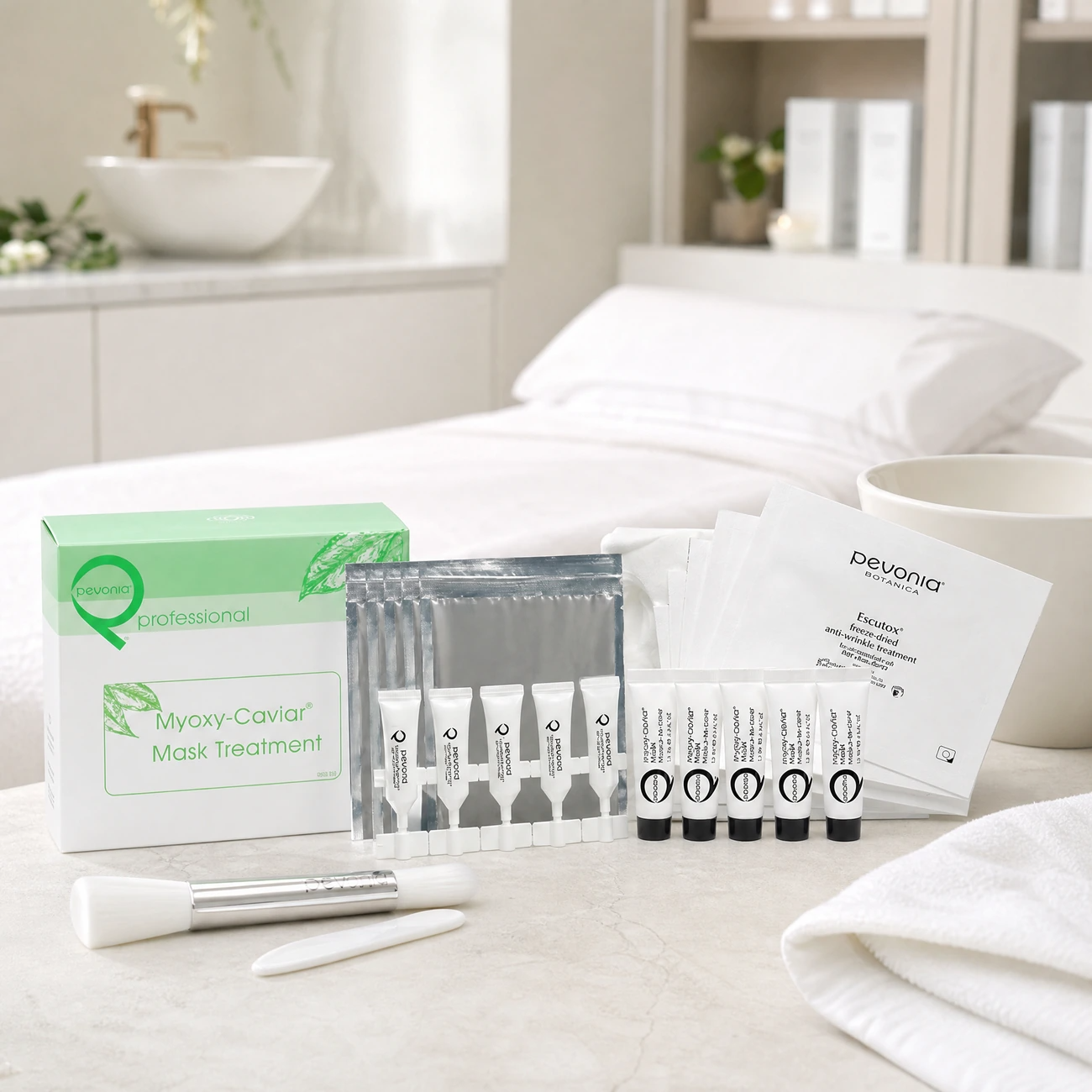 Pevonia Myoxy-Caviar Mask Treatment 5-pack box, silver sachets, Collagen ampoules, mask tubes, and Escutox sachets styled in a serene luxury spa treatment room for Beauty Collective Pro.