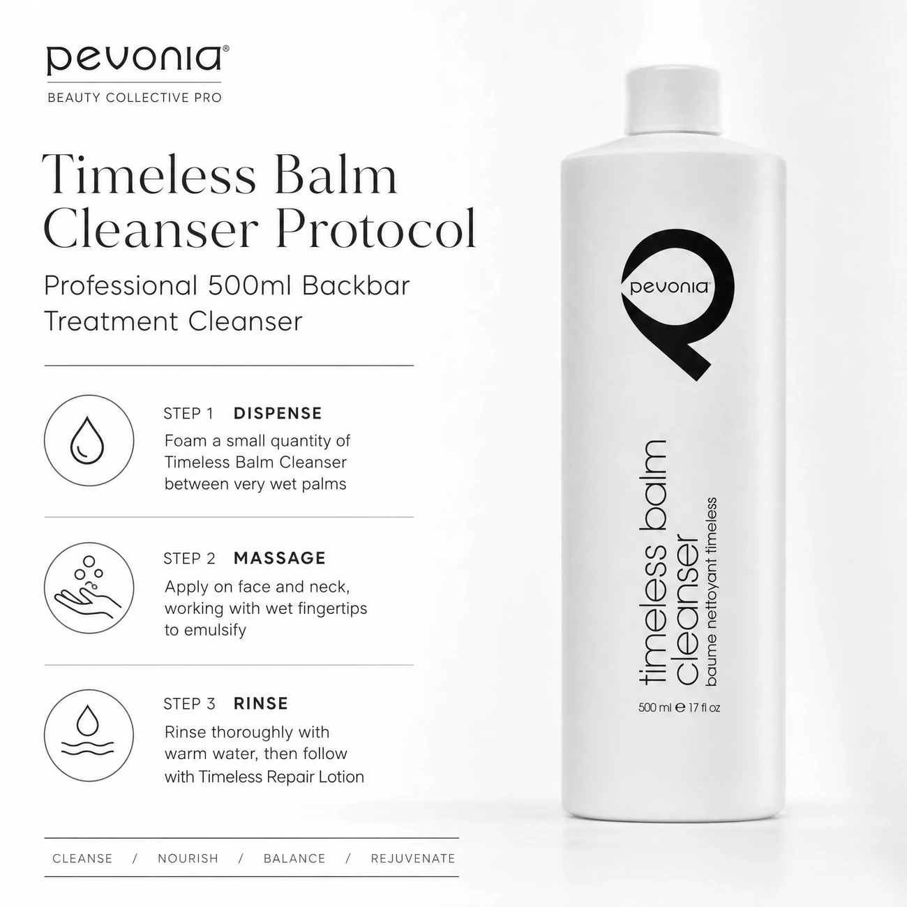 Pevonia Myoxy-Caviar Timeless Balm Cleanser 500ml clinic-use education image detailing the professional 3-step Dispense, Massage, and Rinse backbar cleansing protocol.