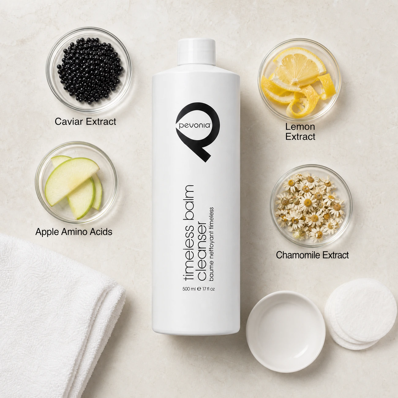 Pevonia Myoxy-Caviar Timeless Balm Cleanser 500ml ingredients flatlay with caviar extract, apple amino acids, lemon extract, and chamomile in clean glass petri dishes for professional B2B education.