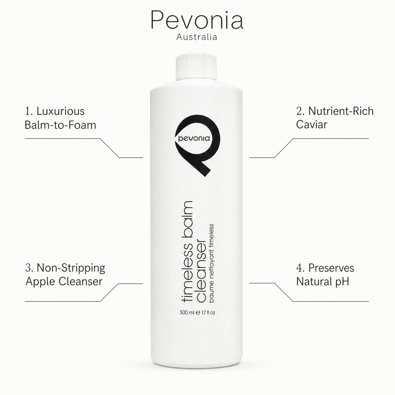 Pevonia Myoxy-Caviar Timeless Balm Cleanser 500ml benefit callout image highlighting balm-to-foam technology, nutrient-rich caviar, non-stripping apple cleanser, and pH preservation.
