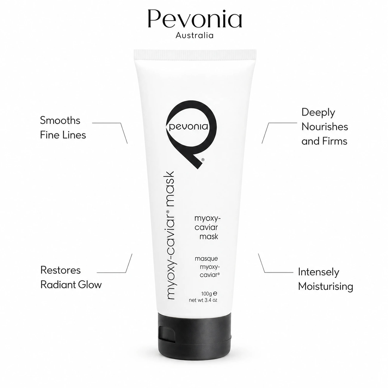 Pevonia Myoxy-Caviar Timeless Mask 100g benefit callout image highlighting deep wrinkle smoothing, skin firming and nourishing, intense moisture comfort, and radiant glow restoration.