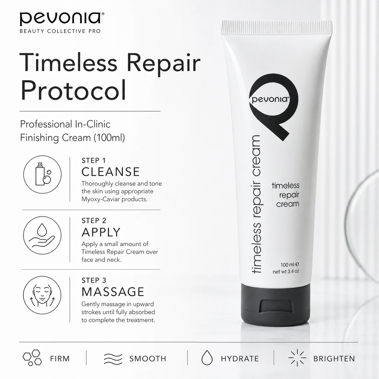 Pevonia Myoxy-Caviar Timeless Repair Cream 100ml clinic-use education image detailing the professional 3-step Cleanse, Apply, and Massage finishing protocol for salons, spas, and clinics.