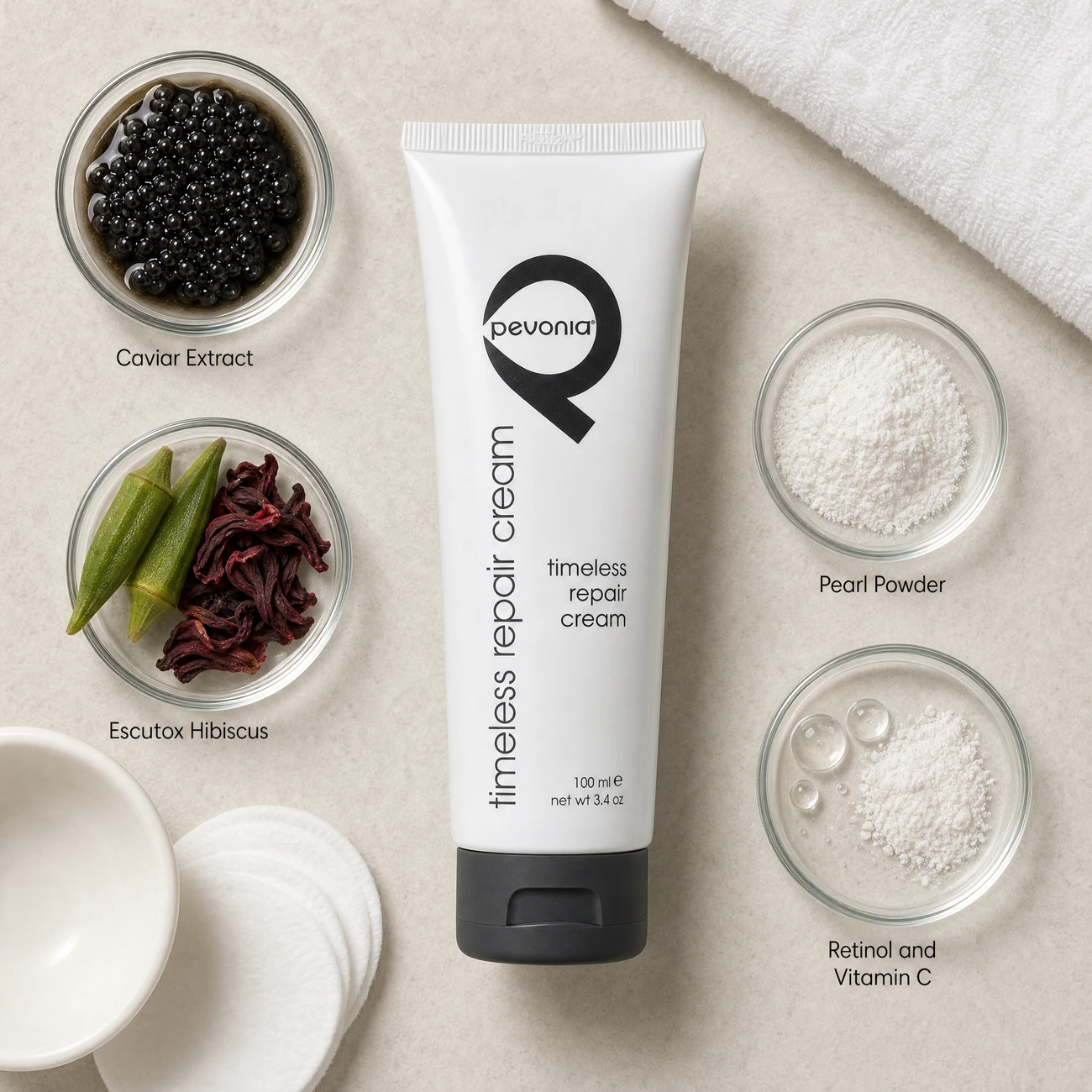 Pevonia Myoxy-Caviar Timeless Repair Cream 100ml ingredients flatlay with caviar extract, Escutox hibiscus, pearl powder, and retinol with Vitamin C in clean glass petri dishes for professional B2B education.