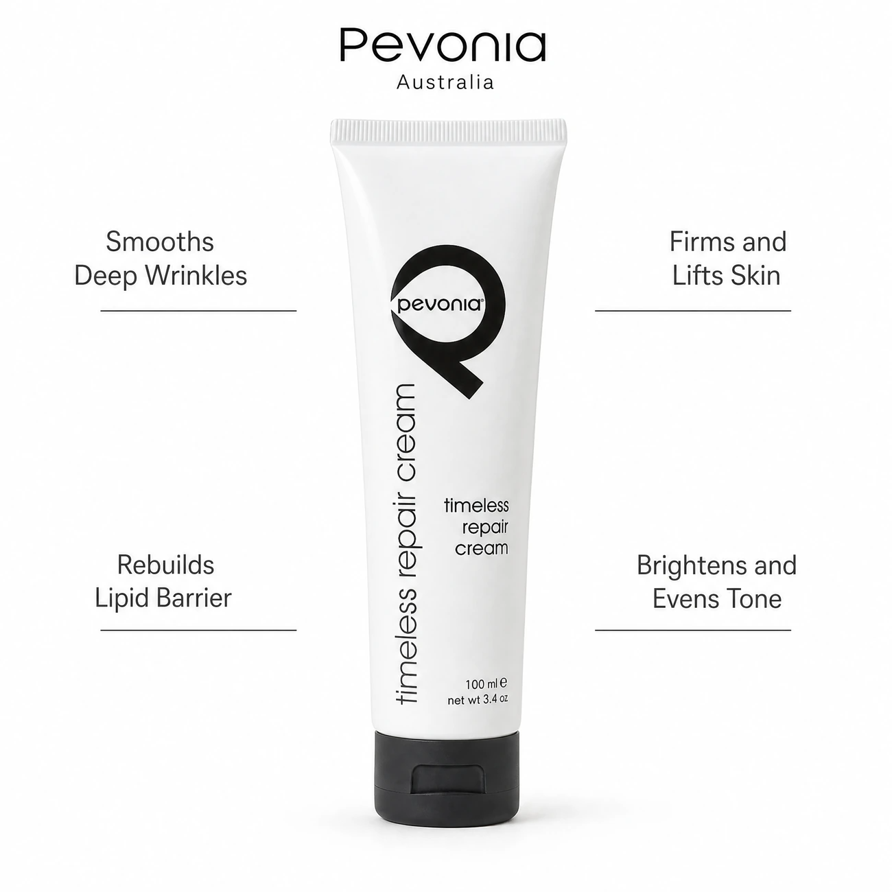 Pevonia Myoxy-Caviar Timeless Repair Cream 100ml benefit callout image highlighting deep wrinkle smoothing, skin firming and lifting, lipid barrier rebuilding, and tone brightening.