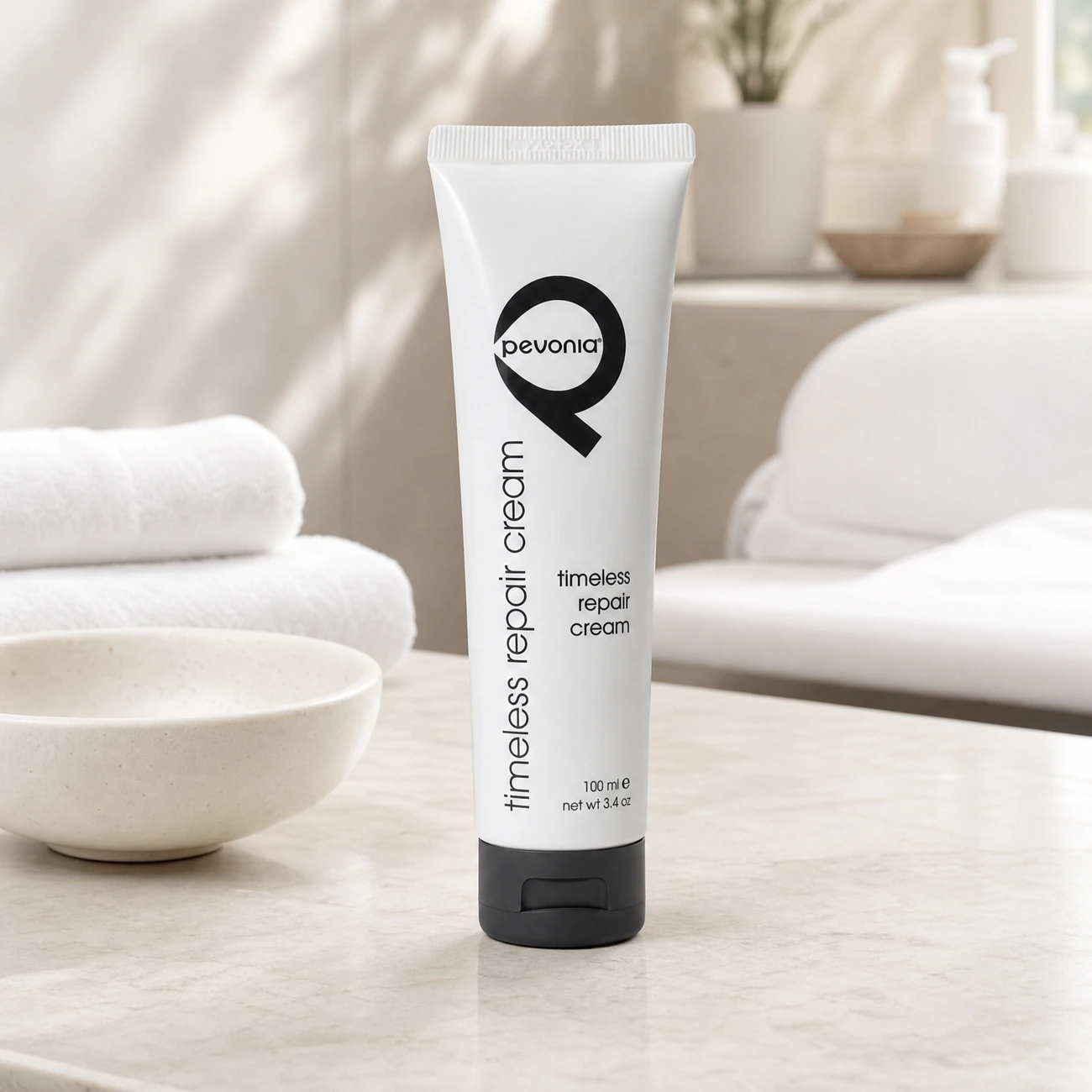 Pevonia Myoxy-Caviar Timeless Repair Cream 100ml professional white tube styled in a serene clinical spa treatment room for Beauty Collective Pro.