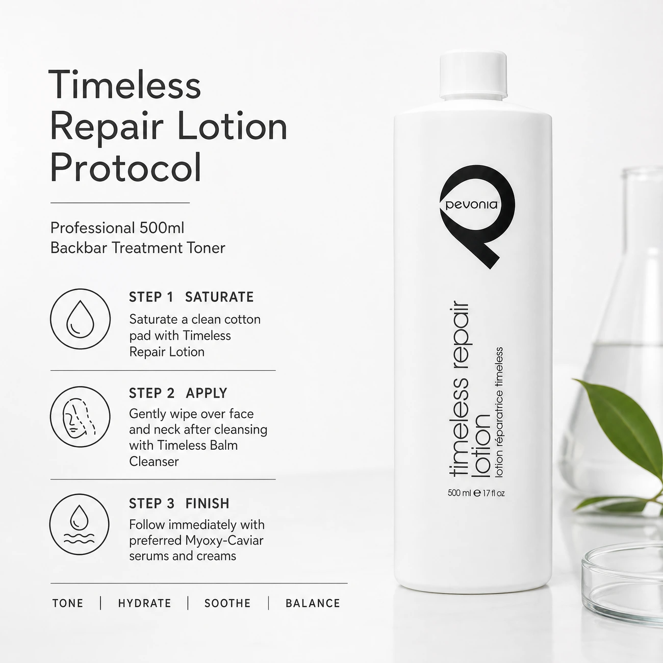 Pevonia Myoxy-Caviar Timeless Repair Lotion 500ml clinic-use education image detailing the professional 3-step Saturate, Apply, and Finish backbar toning protocol.