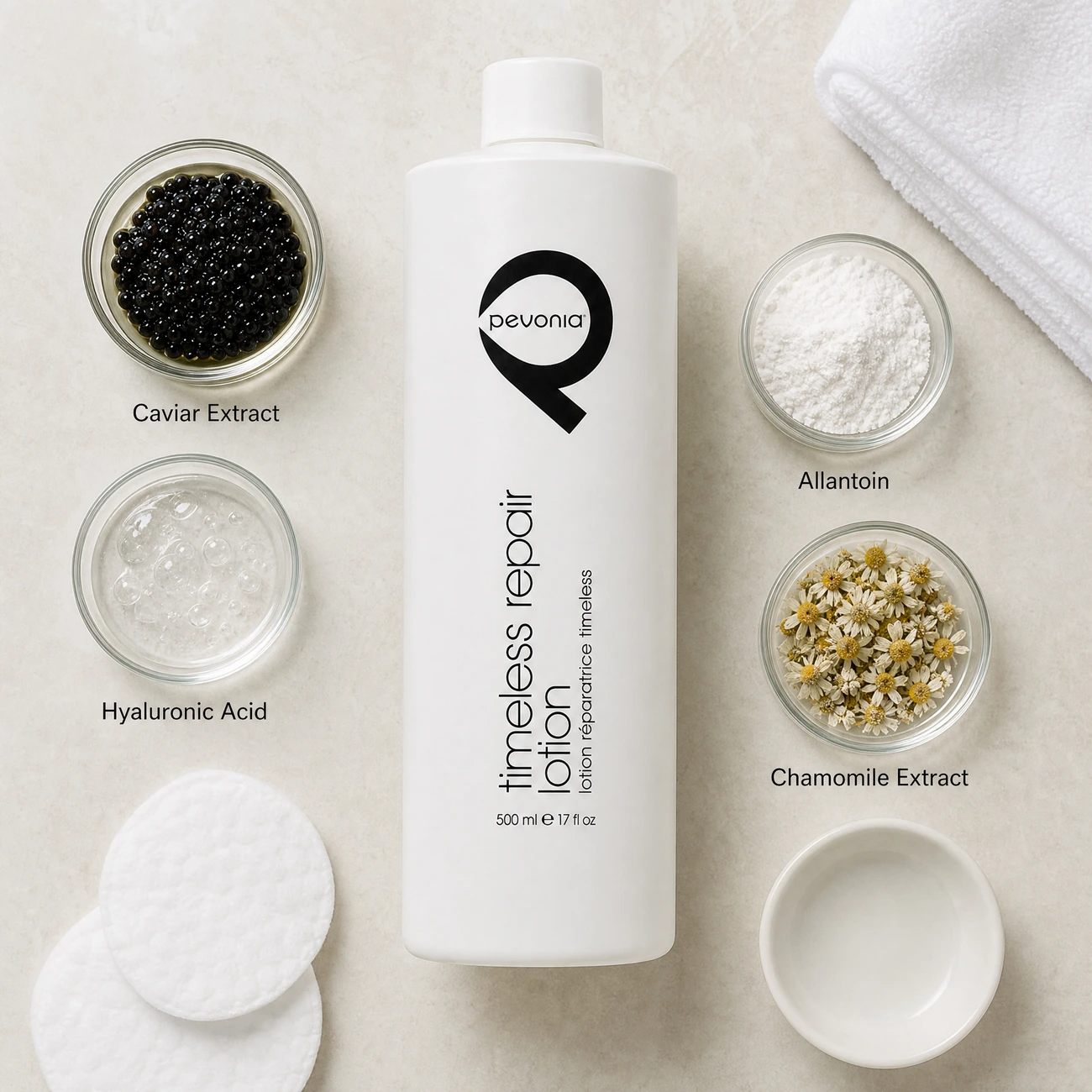 Pevonia Myoxy-Caviar Timeless Repair Lotion 500ml ingredients flatlay with caviar extract, hyaluronic acid, allantoin, and chamomile in clean glass petri dishes for professional B2B education.