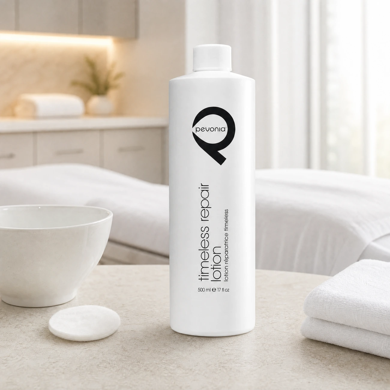 Pevonia Myoxy-Caviar Timeless Repair Lotion 500ml professional tall white bottle styled in a serene clinical spa treatment room for Beauty Collective Pro.