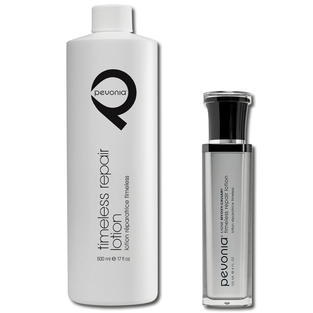 Pevonia Myoxy-Caviar Timeless Repair Lotion retail and professional variant image for mature or ageing skin, helping hydrate, refresh, smooth fine lines and prepare skin for serums and creams.
