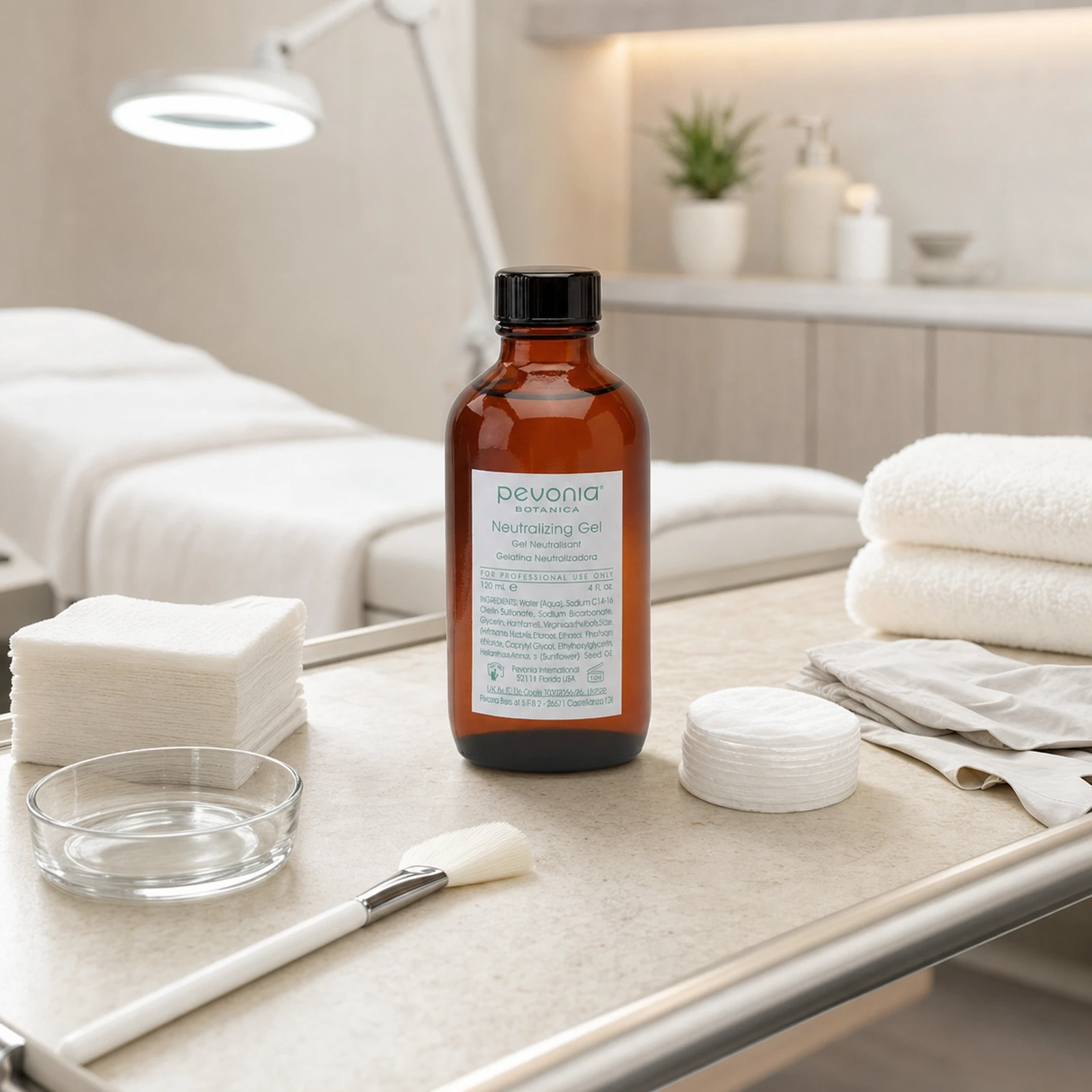 Pevonia Neutralizing Gel 120ml bottle displayed in an upmarket clinic peel treatment room with post-peel preparation accessories, gauze and a therapist trolley.