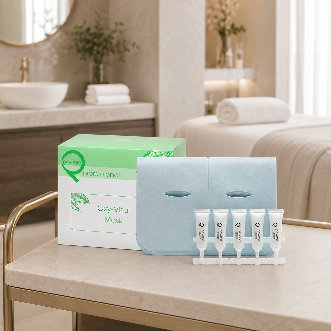 Pevonia Oxy-Vital Mask Treatment displayed on a professional trolley in an upmarket spa treatment room, supporting professional facial treatment preparation and revitalising skin care.