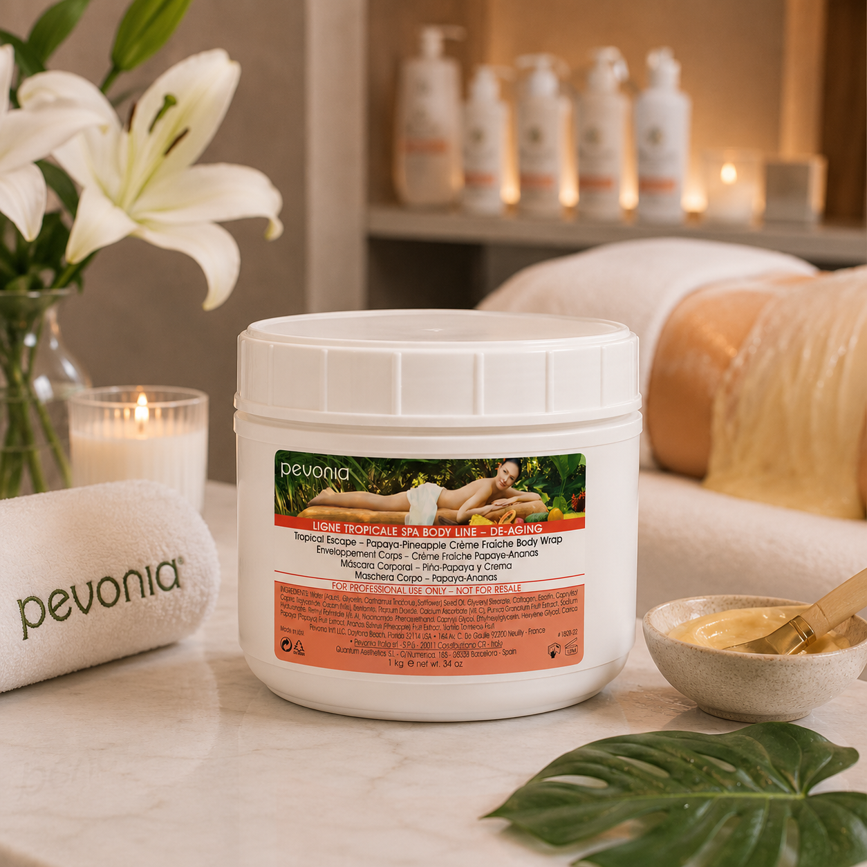 Pevonia Papaya-Pineapple Creme Fraiche Body Wrap 1kg displayed in a luxury spa body treatment room for professional body wrap treatments.