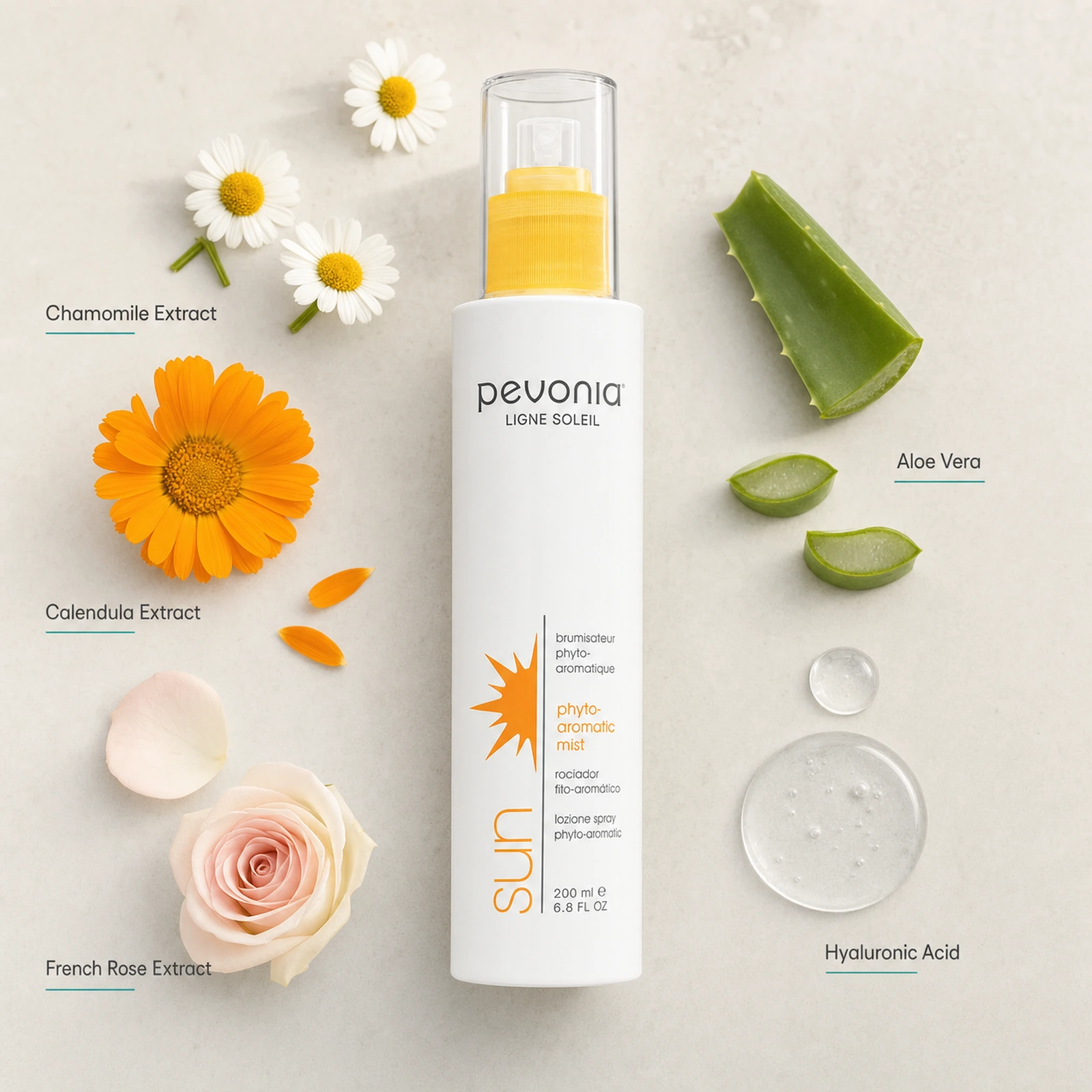 Pevonia Phyto-Aromatic Mist ingredient flatlay featuring chamomile extract, calendula extract, French rose extract, aloe vera and hyaluronic acid arranged around product on a soft neutral background