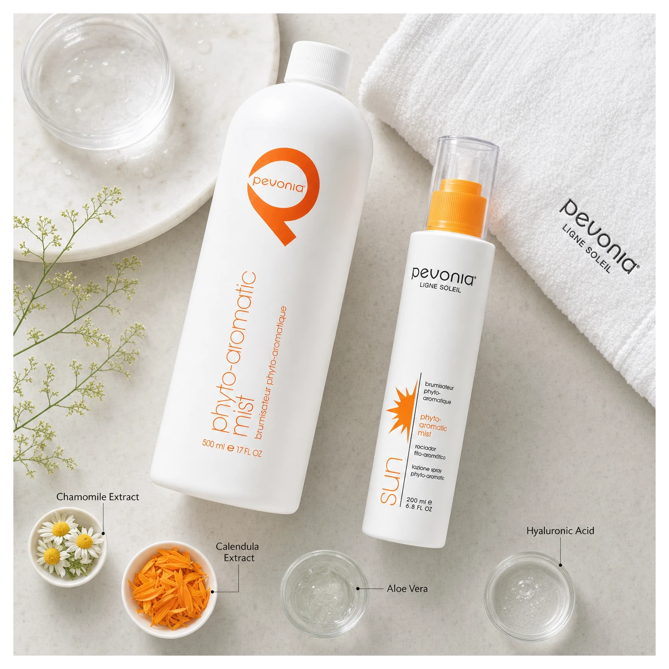 Pevonia Phyto Aromatic Mist treatment-support flatlay with soothing botanical and hydration ingredient references.