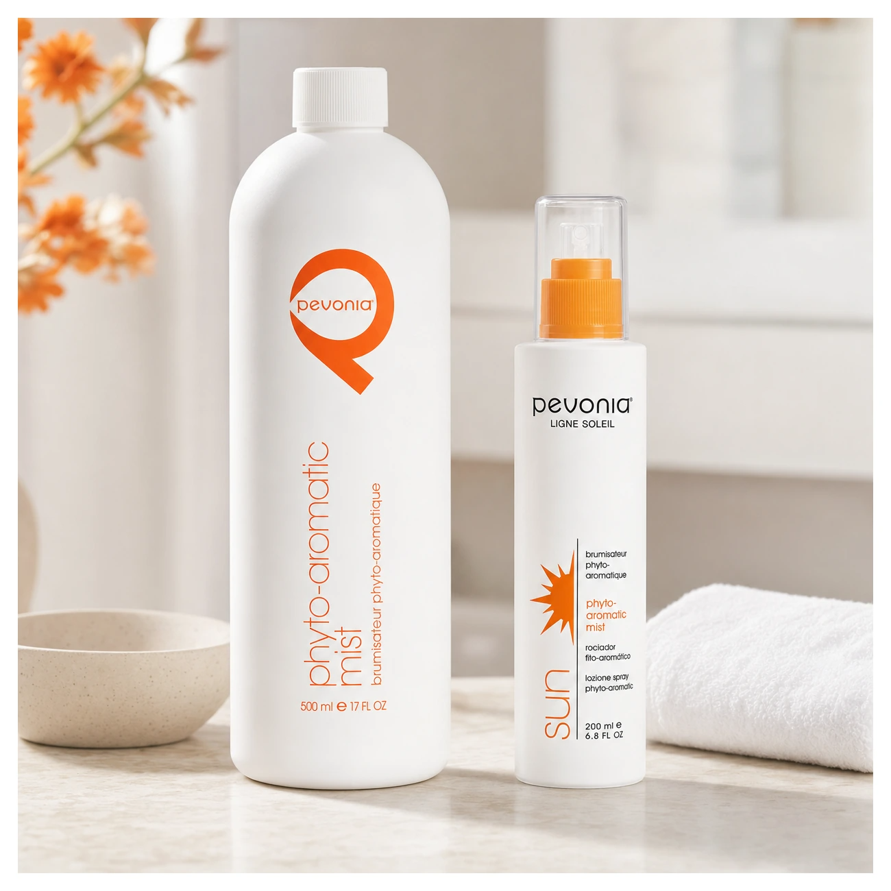 Pevonia Phyto Aromatic Mist 500ml professional bottle and retail spray styled in a clean clinic treatment setting for Beauty Collective Pro.