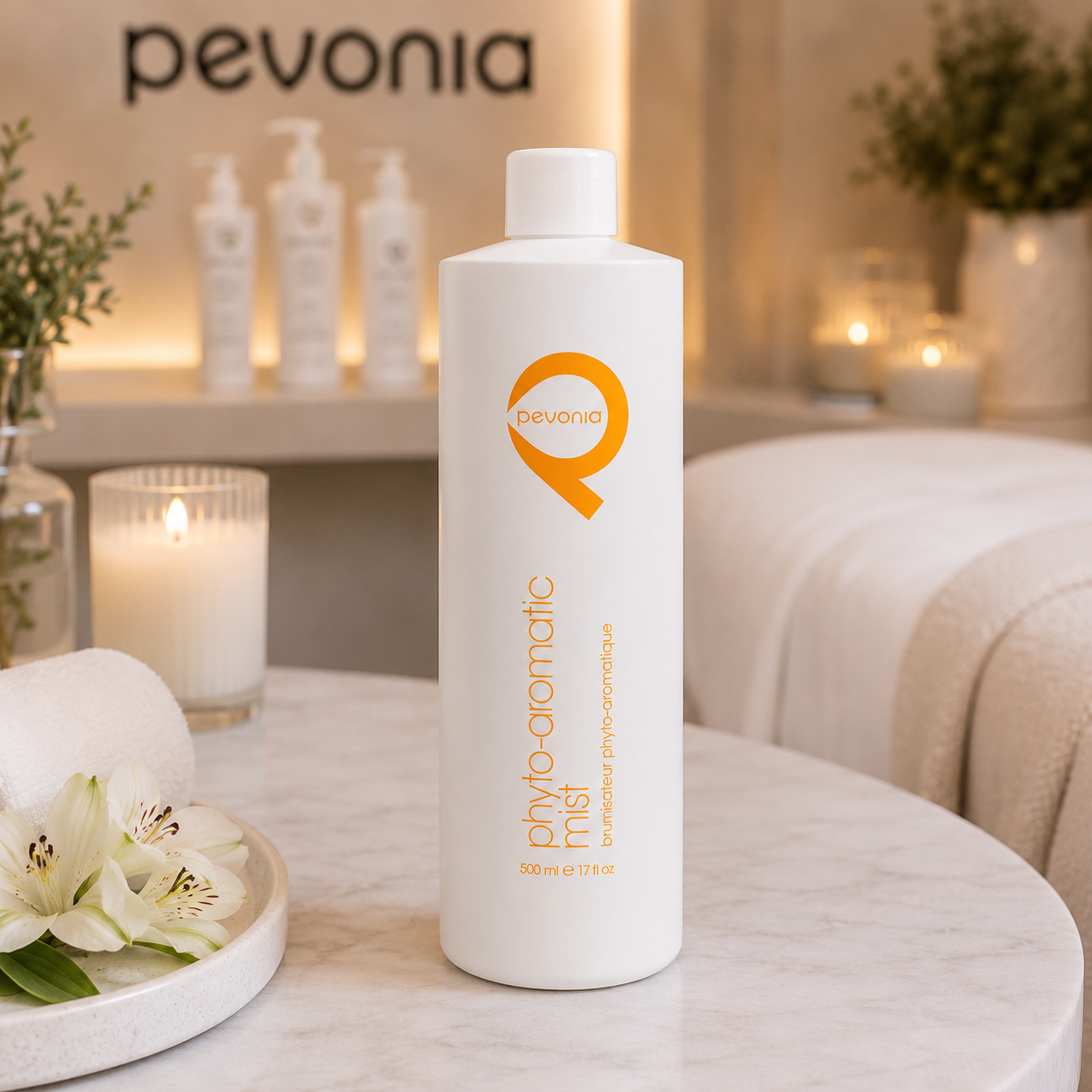 Pevonia Phyto-Aromatic Mist 500ml displayed in a luxury spa treatment room for refreshing professional facial treatments.