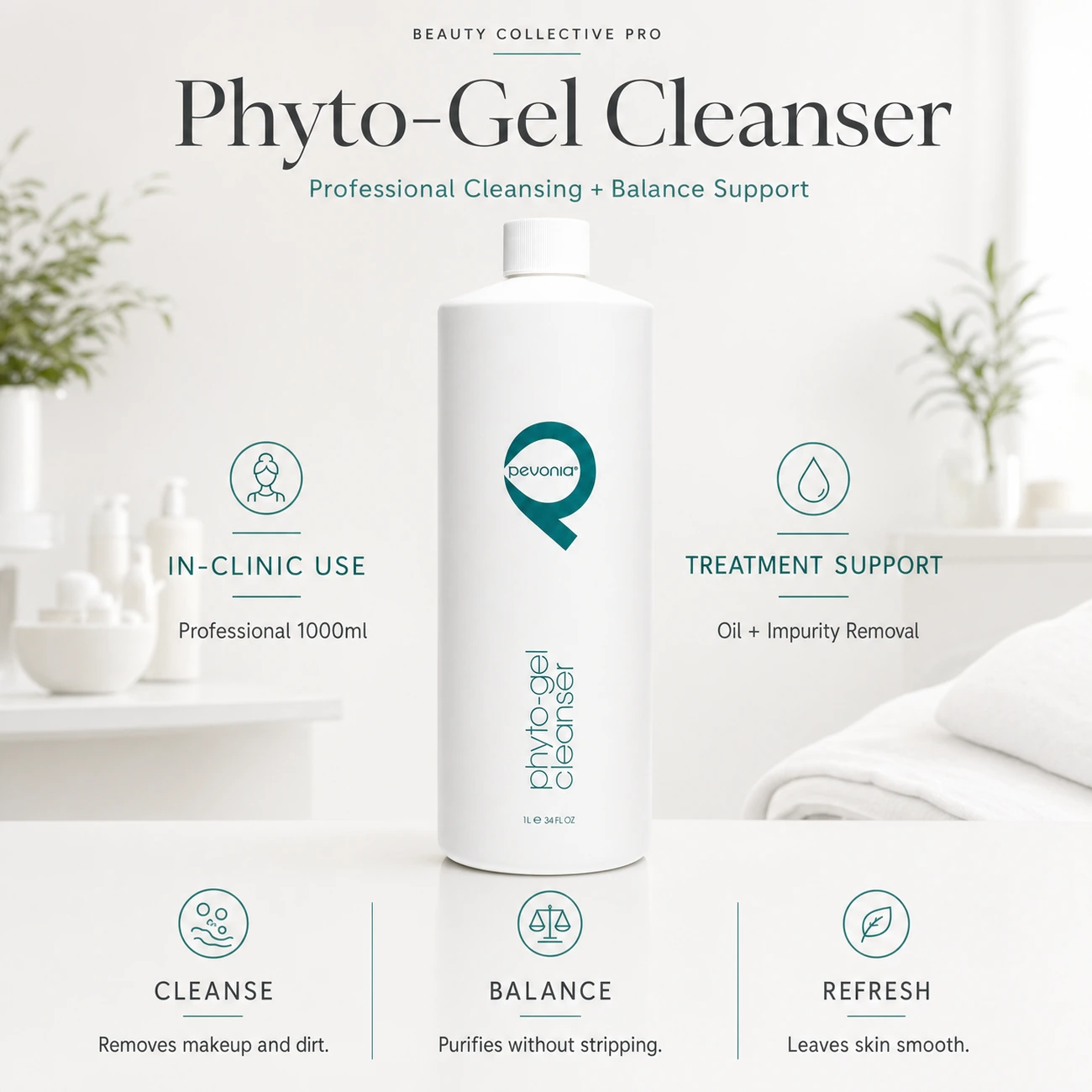 Pevonia Phyto-Gel Cleanser 1000ml clinic-use education image for professional cleansing, treatment preparation and oil-balancing support.