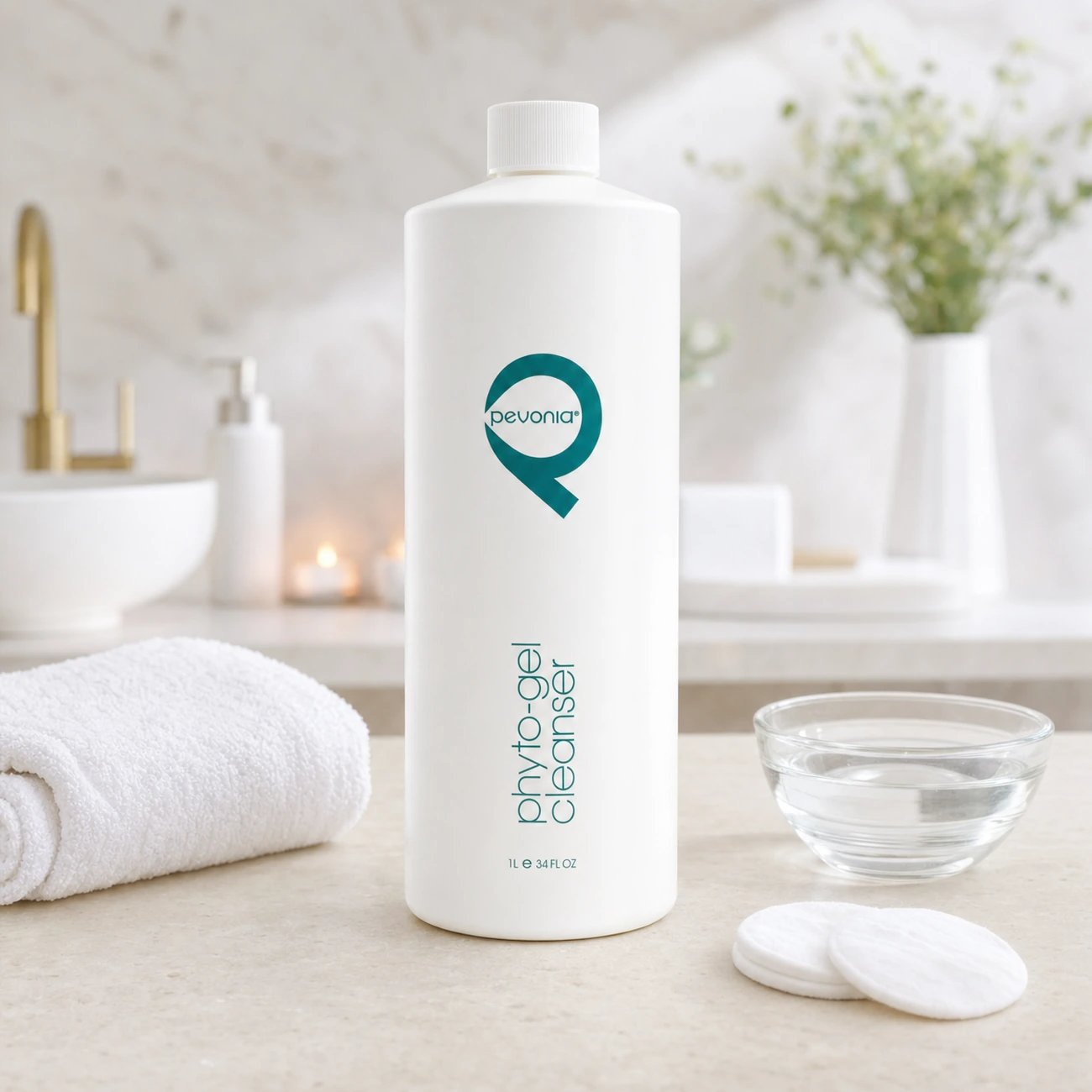 Pevonia Phyto-Gel Cleanser 1000ml professional bottle styled in a clean clinic treatment setting for Beauty Collective Pro.