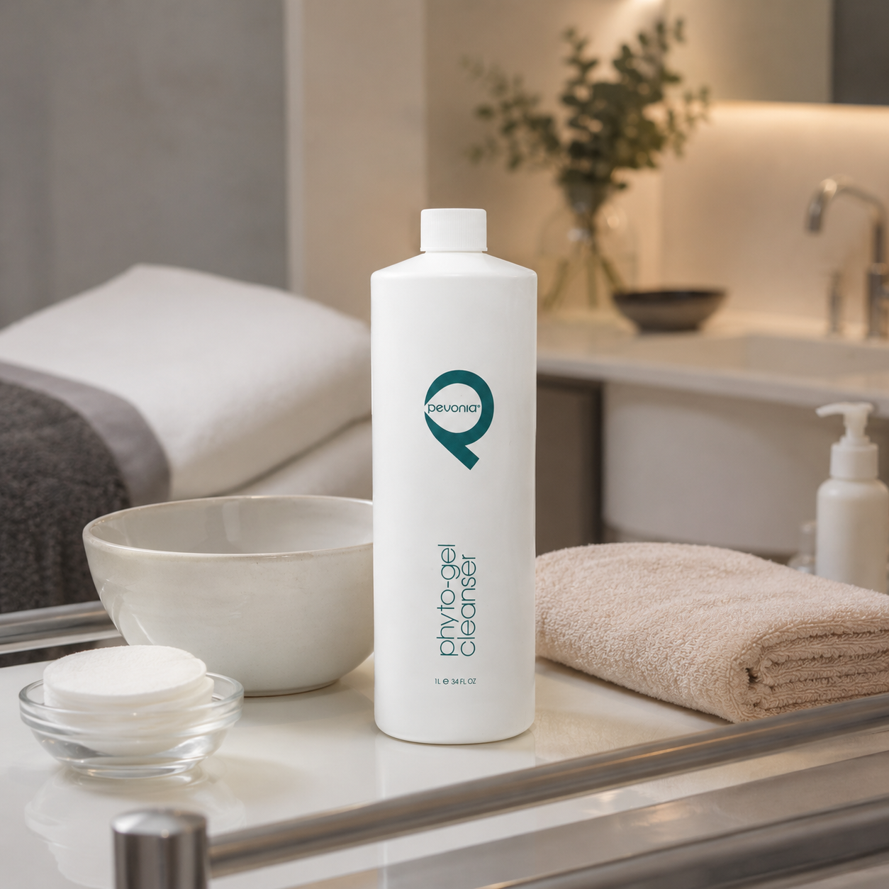 Pevonia Phyto-Gel Cleanser 1000ml bottle displayed on a therapist trolley in a day spa facial treatment room with unbranded cleansing accessories