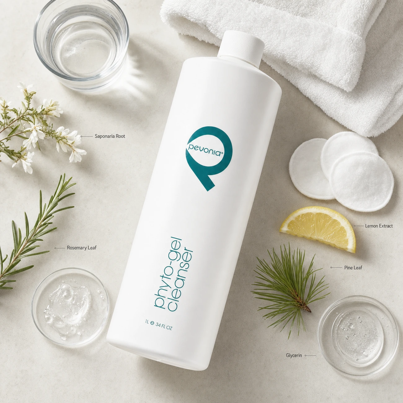 Pevonia Phyto-Gel Cleanser 1000ml treatment-support flatlay with saponaria root, rosemary leaf, lemon extract, pine leaf and glycerin references.