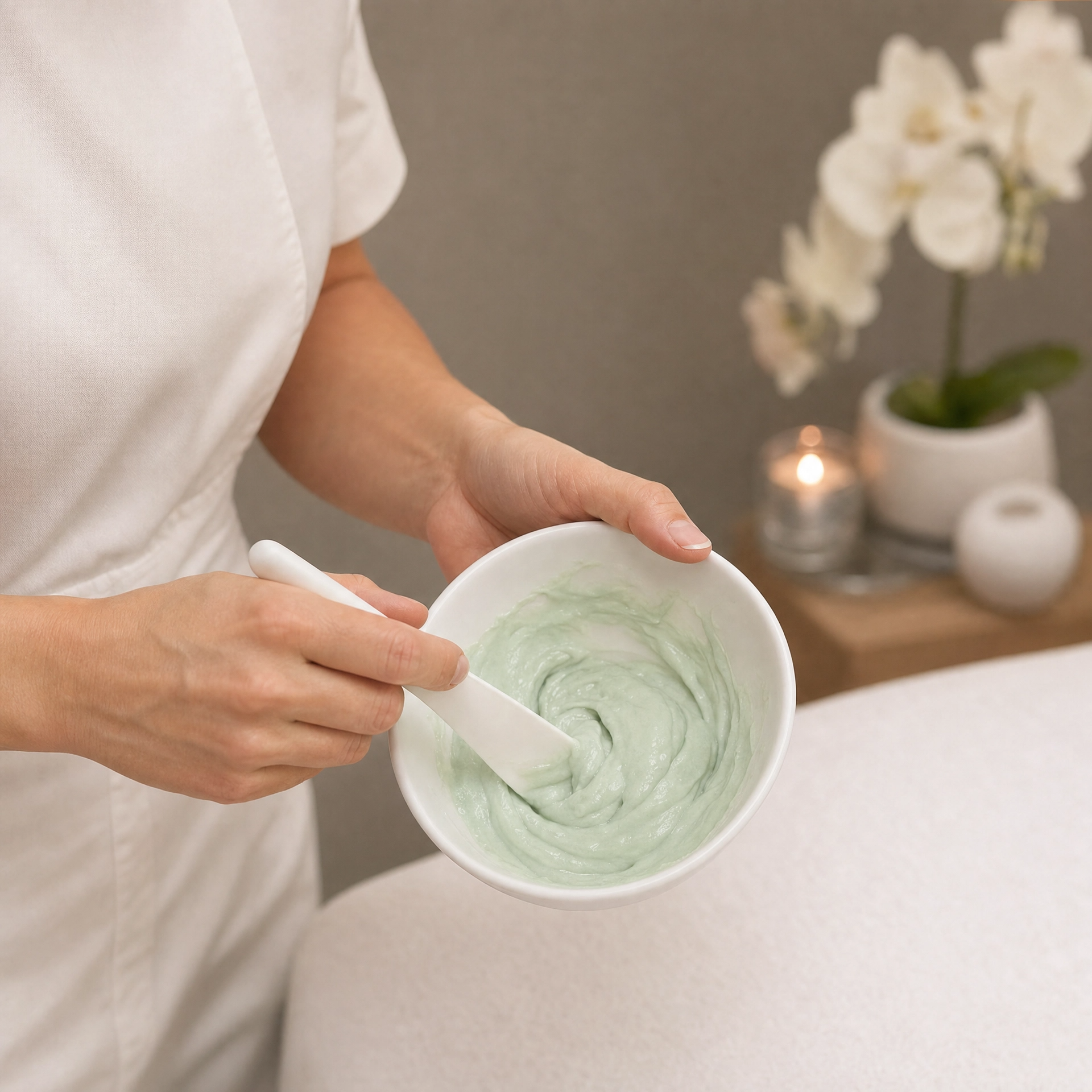 Therapist mixing Pevonia Plantomer alginate mask in a white bowl in a premium day spa treatment room
