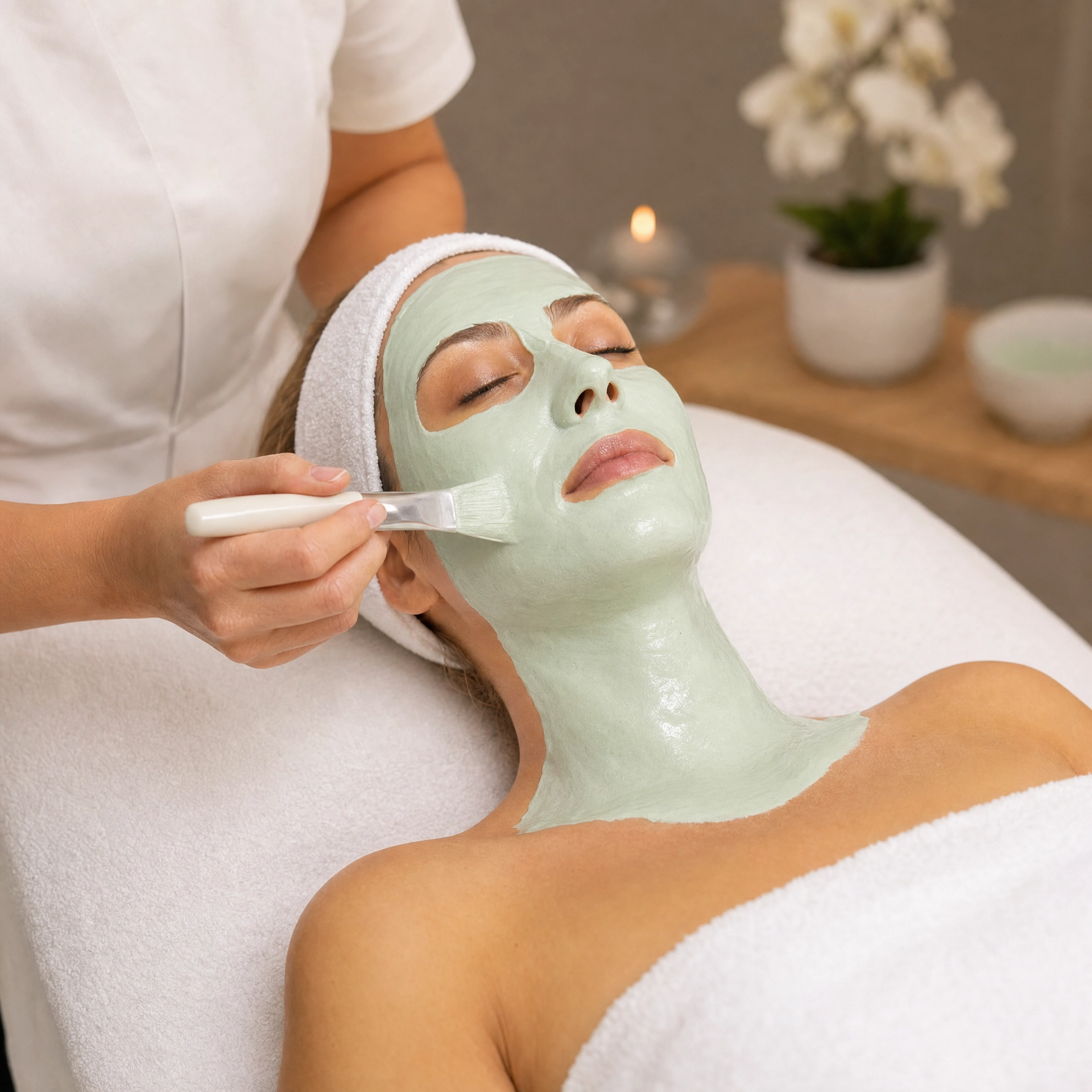 Therapist applying Pevonia Plantomer pale green alginate mask to a client's face with a mask brush in a professional spa setting