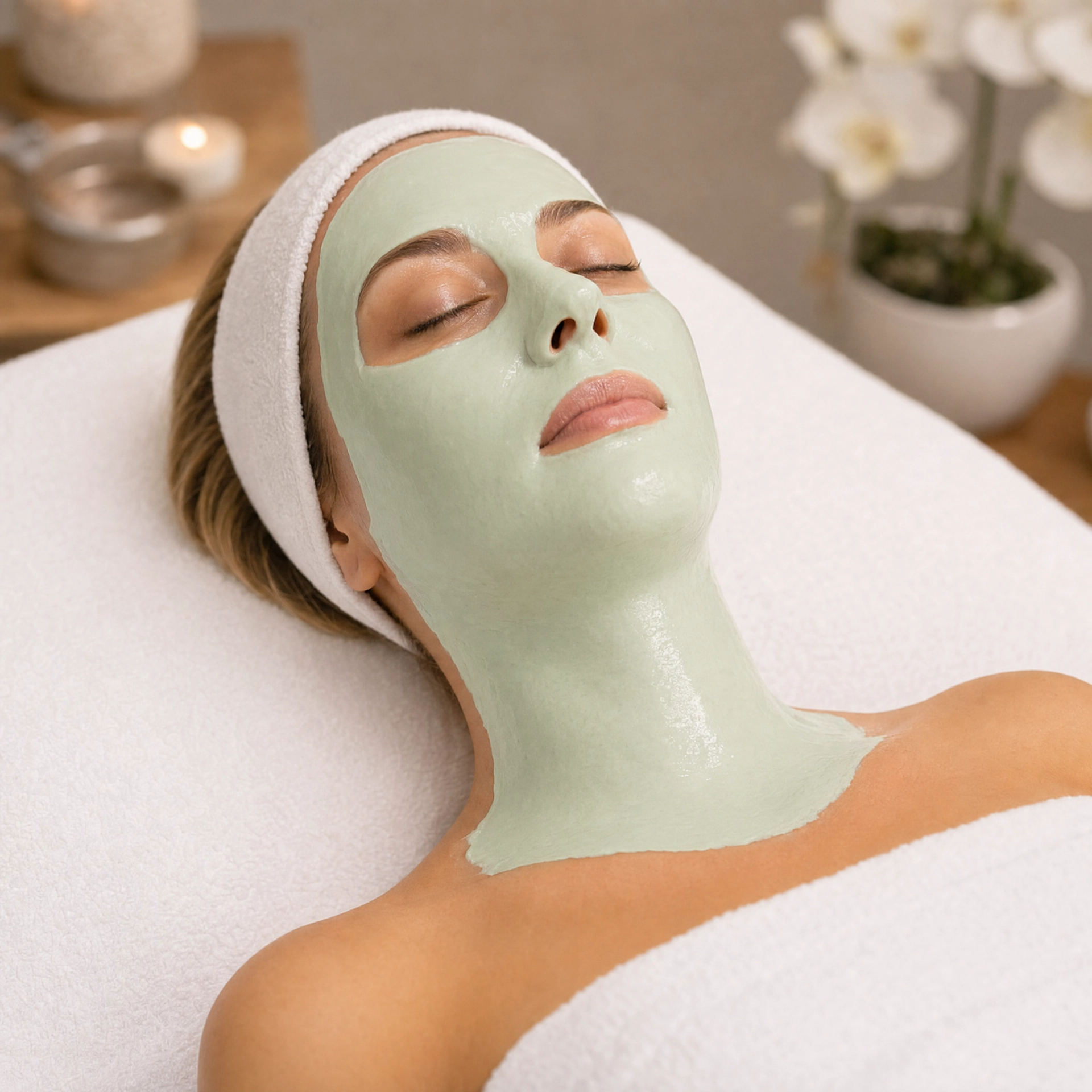 Female spa client with fully set Pevonia Plantomer alginate mask covering face and neck, relaxed on treatment bed