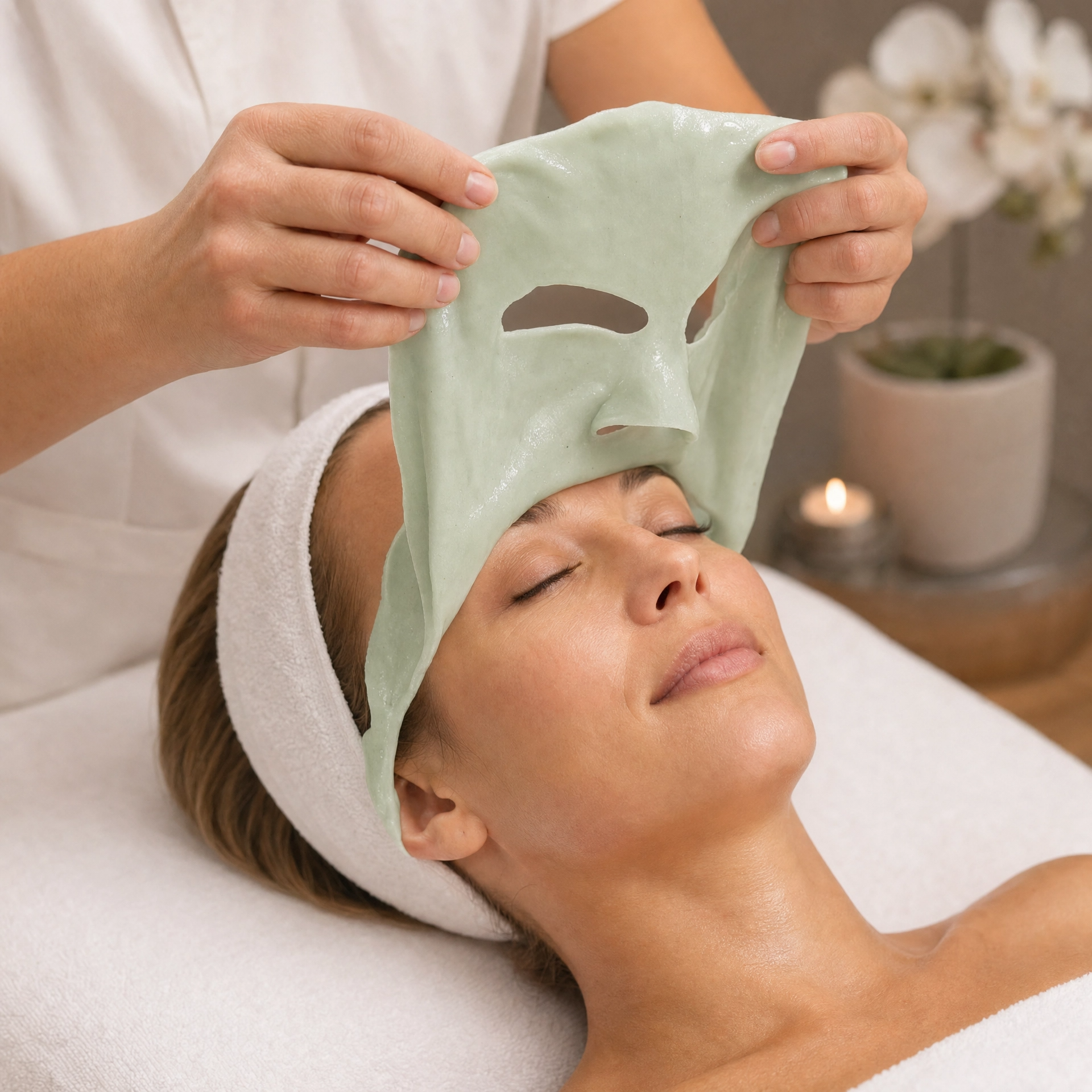 Therapist lifting the set Pevonia Plantomer alginate mask off a client's face in one piece revealing refreshed glowing skin