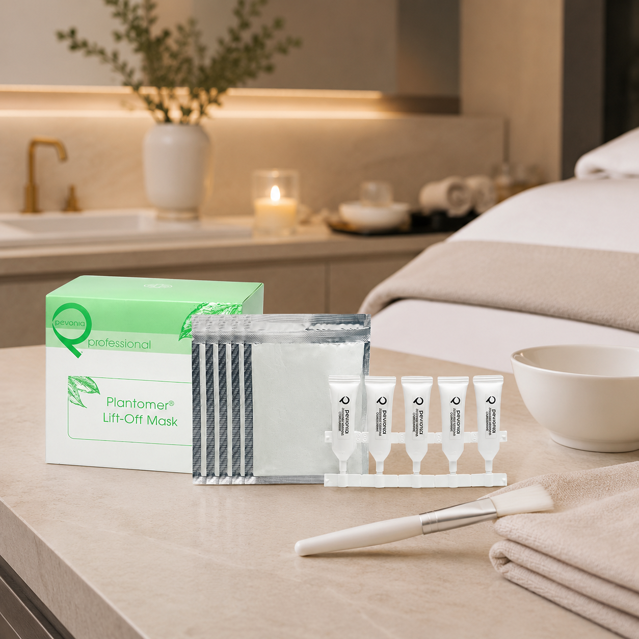 Pevonia Plantomer Lift-Off Mask 5 pack displayed in an upmarket day spa facial treatment room with unbranded mask treatment accessories.