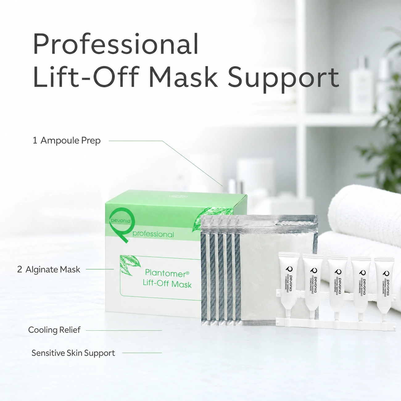 Pevonia Plantomer Lift-Off Mask Treatment 5pk clinic-use education image for professional ampoule preparation, alginate mask application, cooling relief and sensitive skin support.
