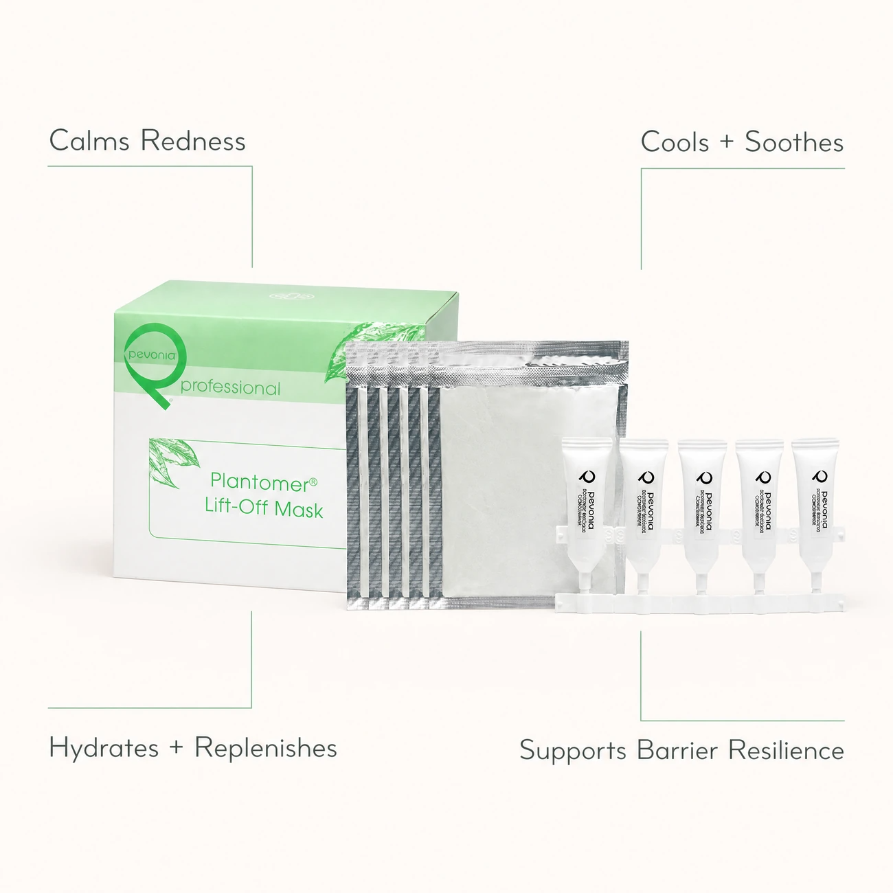 Pevonia Plantomer Lift-Off Mask Treatment 5pk professional benefit callout image for calming redness, cooling relief, hydration and barrier resilience in salons, spas and clinics.