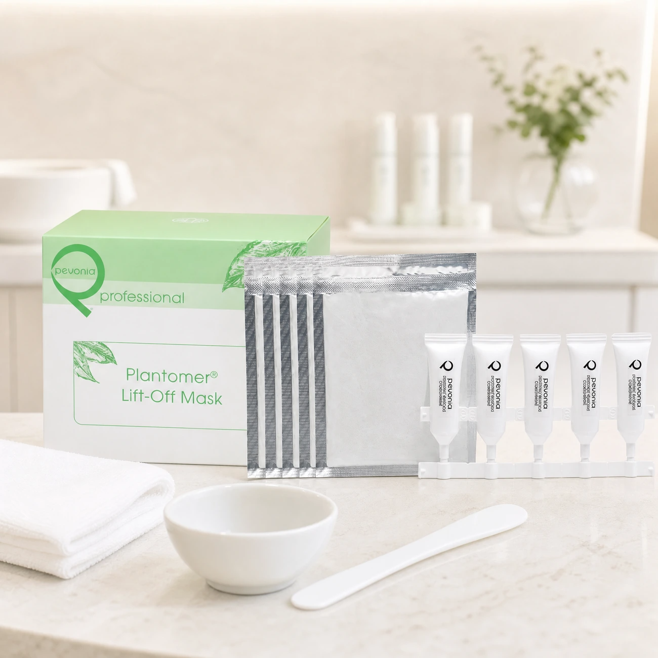 Pevonia Plantomer Lift-Off Mask Treatment 5pk professional kit styled in a clean clinic treatment setting for Beauty Collective Pro.