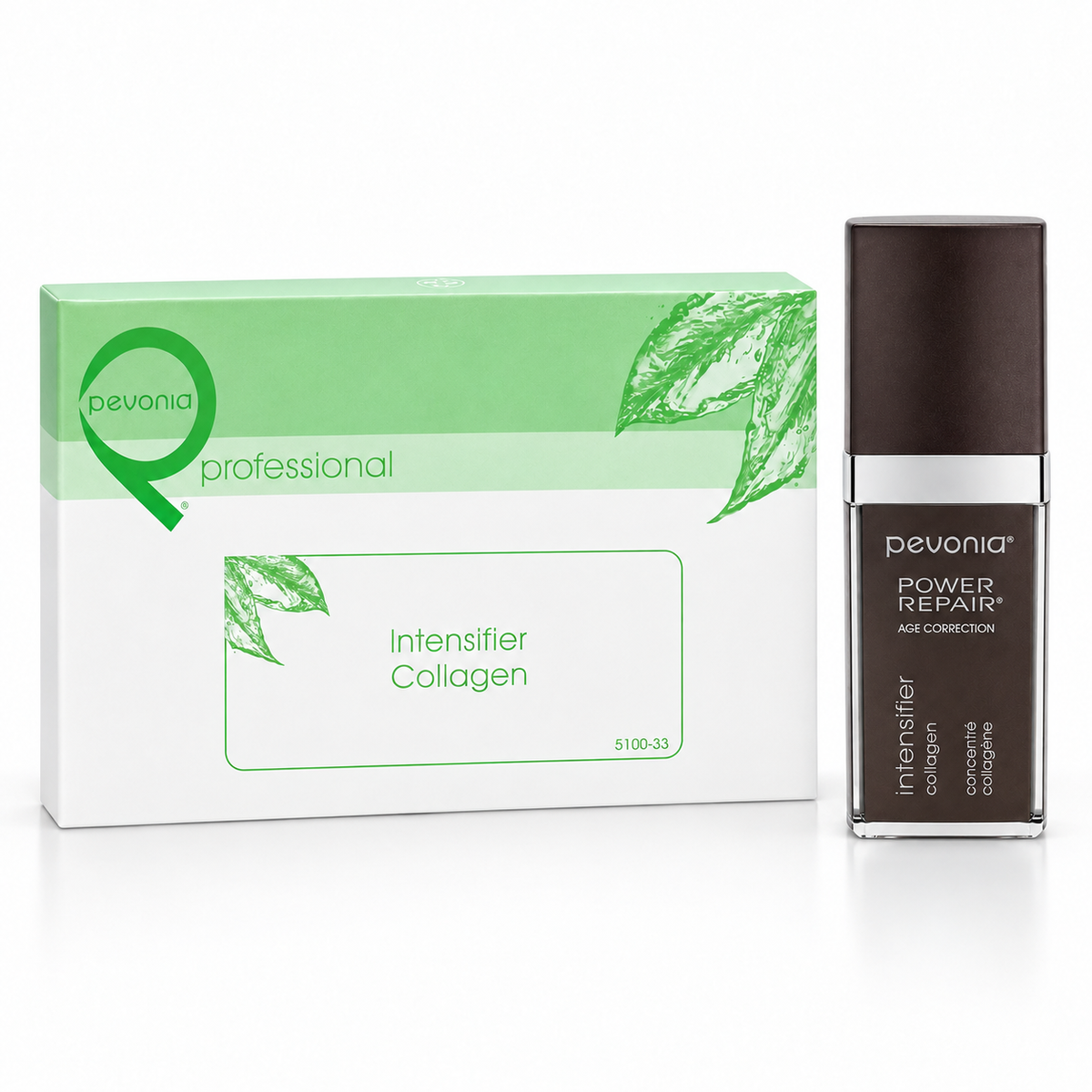 PEVONIA Power Repair Collagen Intensifier Prof. Use 5 x 5ml and Retail 30 ml shown together on a clean white background