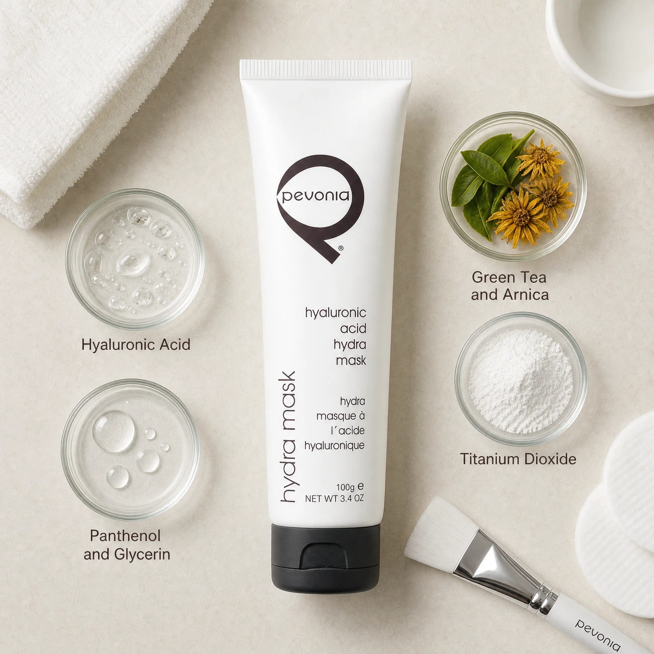 Pevonia Power Repair Hyaluronic Acid Hydra Mask 100g ingredients flatlay with hyaluronic acid, green tea with arnica, panthenol with glycerin, and titanium dioxide in clean glass petri dishes for professional B2B education.