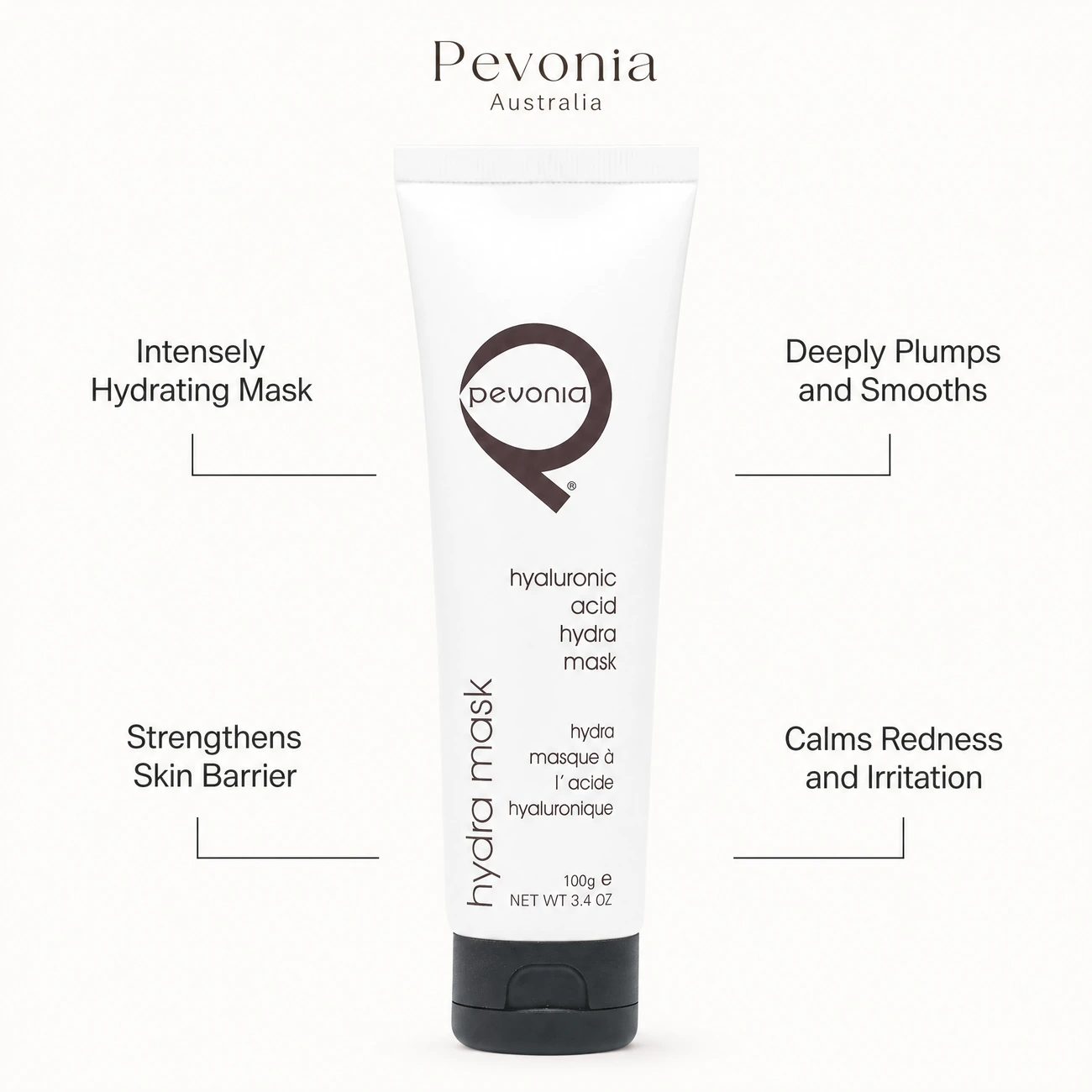 Pevonia Power Repair Hyaluronic Acid Hydra Mask 100g benefit callout image highlighting intense hydration, deep plumping and smoothing, skin barrier strengthening, and redness calming.