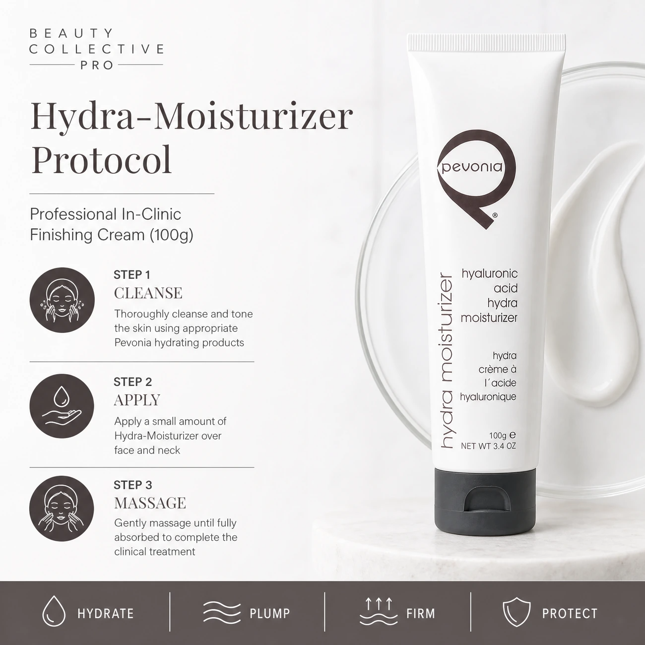 Pevonia Power Repair Hyaluronic Acid Hydra-Moisturizer 100g clinic-use education image detailing the professional 3-step Cleanse, Apply, and Massage finishing protocol for salons, spas, and clinics.