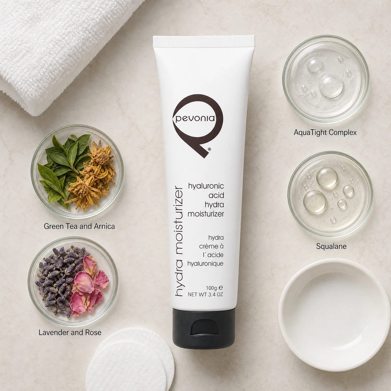 Pevonia Power Repair Hyaluronic Acid Hydra-Moisturizer 100g ingredients flatlay with AquaTight complex, squalane, green tea and arnica, and lavender and rose in clean glass petri dishes for professional B2B education.