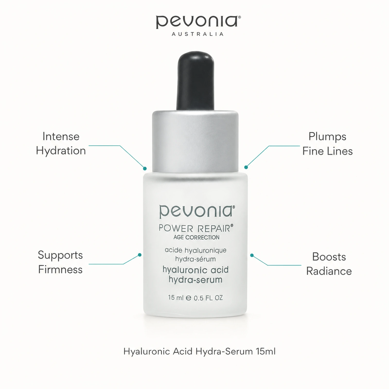 Pevonia Power Repair Hyaluronic Acid Hydra-Serum 15ml with benefits for hydration, fine lines, firmness and radiance