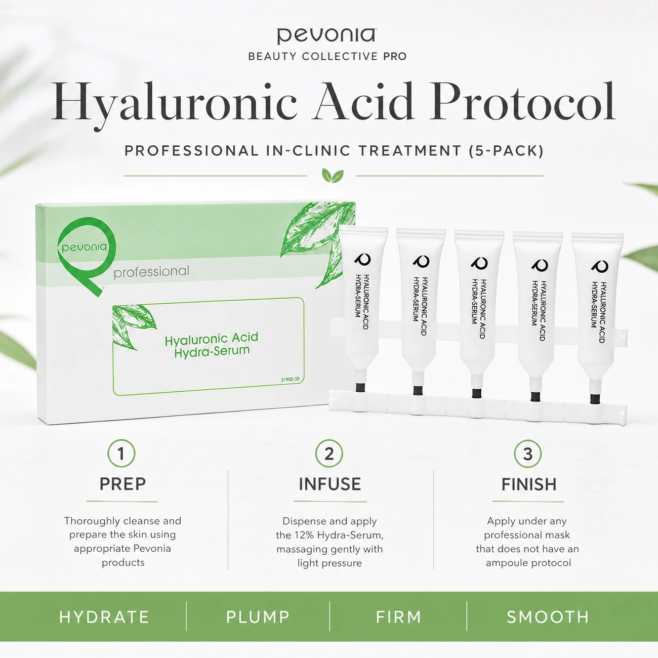 Pevonia Power Repair Hyaluronic Acid Hydra-Serum 5-pack clinic-use education image detailing the professional 3-step Prep, Infuse, and Finish protocol for salons, spas, and clinics.