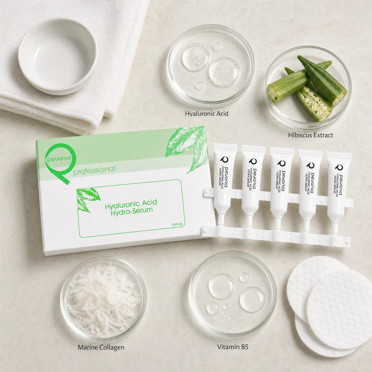 Pevonia Power Repair Hyaluronic Acid Hydra-Serum 5-pack ingredients flatlay with hyaluronic acid, hibiscus extract, marine collagen, and Vitamin B5 in clean glass petri dishes for professional B2B education.