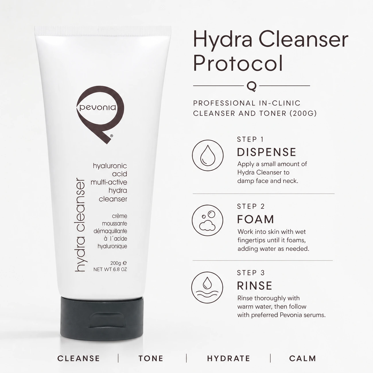 Pevonia Power Repair Hyaluronic Acid Multi-Active Hydra Cleanser 200g clinic-use education image detailing the professional 3-step Dispense, Foam, and Rinse backbar cleansing and toning protocol.