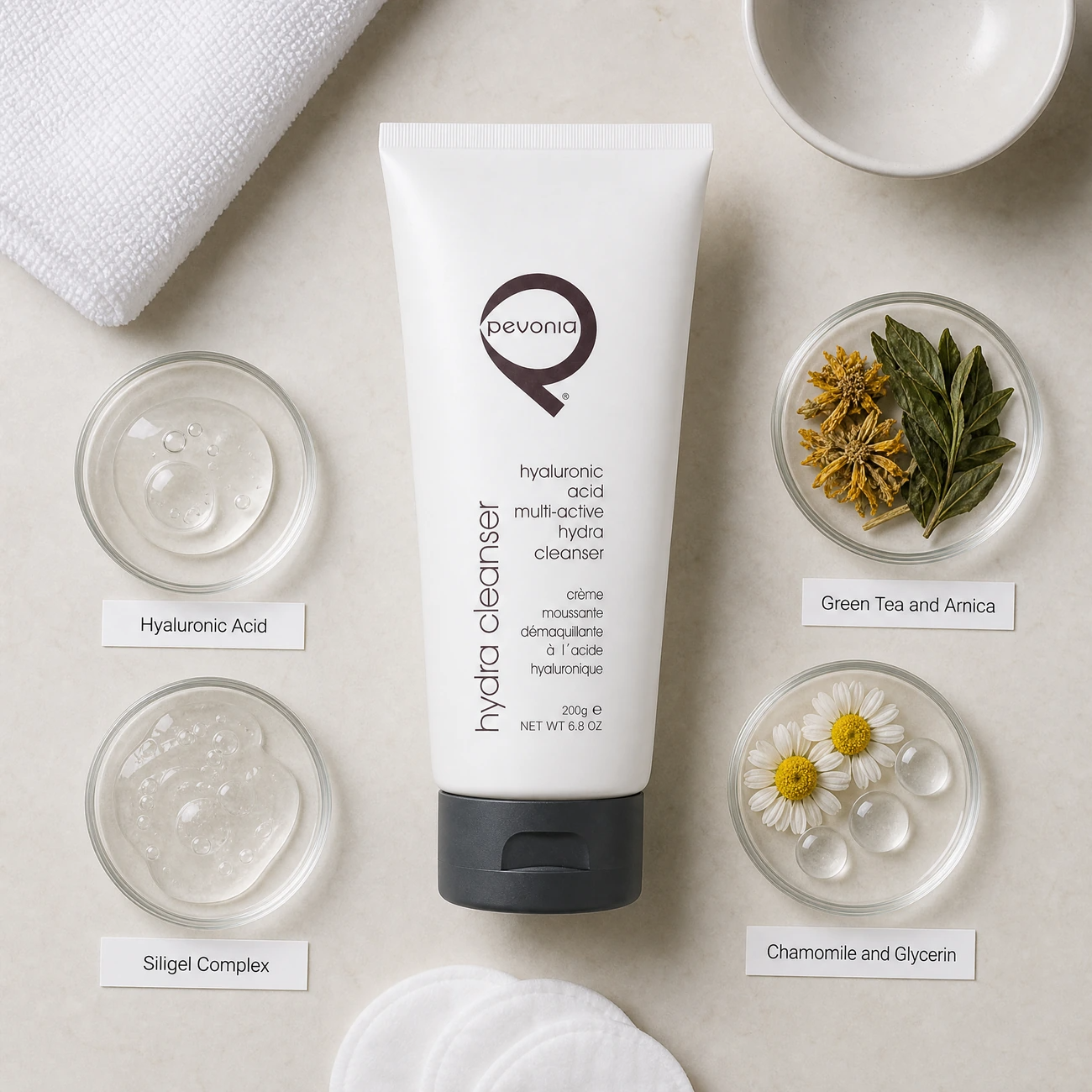 Pevonia Power Repair Hyaluronic Acid Multi-Active Hydra Cleanser 200g ingredients flatlay with hyaluronic acid, Siligel complex, green tea and arnica, and chamomile and glycerin in clean glass petri dishes for professional B2B education.