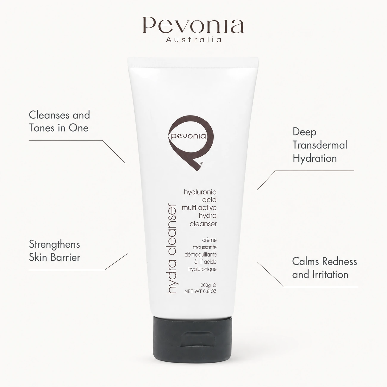 Pevonia Power Repair Hyaluronic Acid Multi-Active Hydra Cleanser 200g benefit callout image highlighting cleanser and toner in one, deep transdermal hydration, barrier strengthening, and irritation calming.