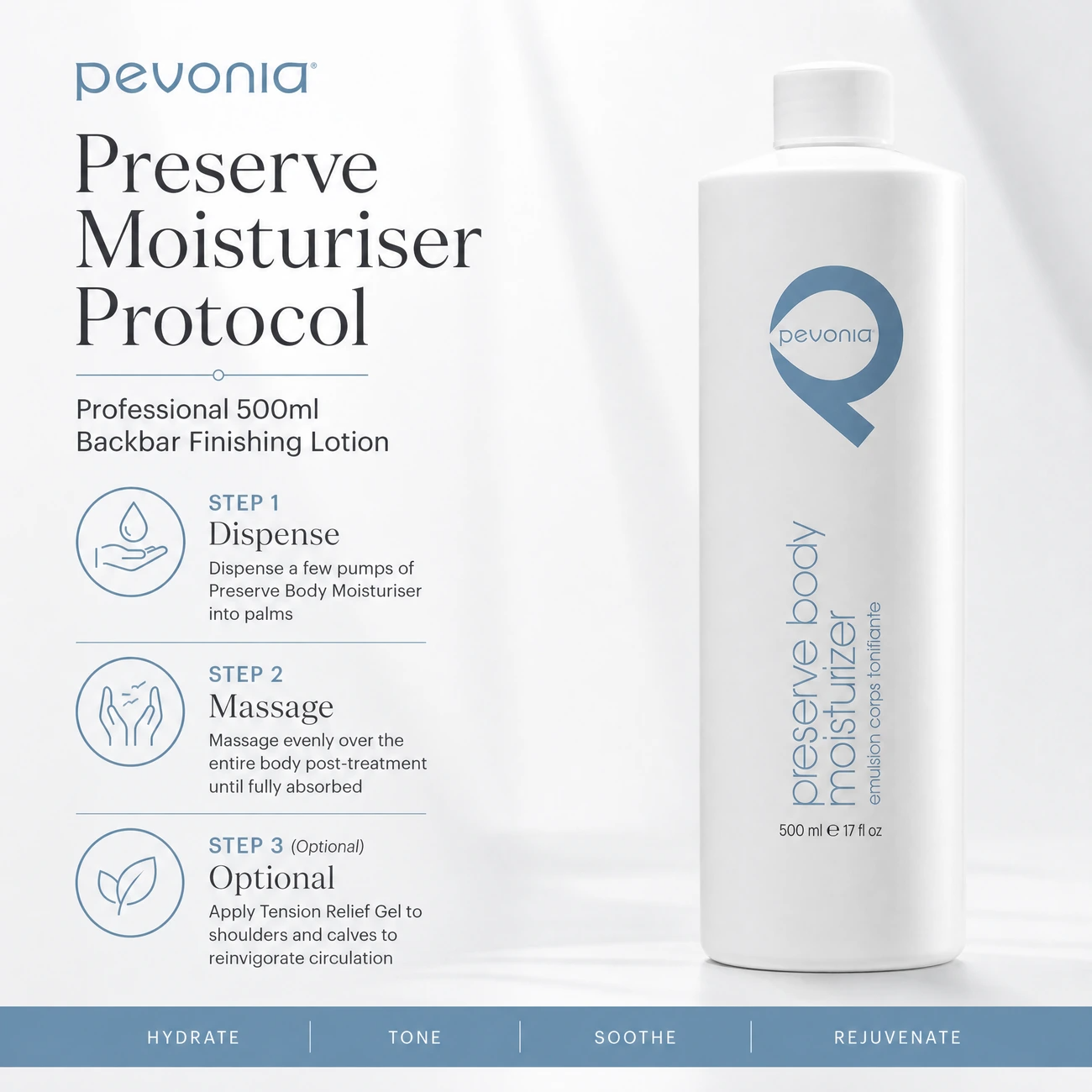 Pevonia Preserve Body Moisturiser 500ml clinic-use education image detailing the professional 3-step Dispense, Massage, and Optional Tension Relief body finishing protocol.