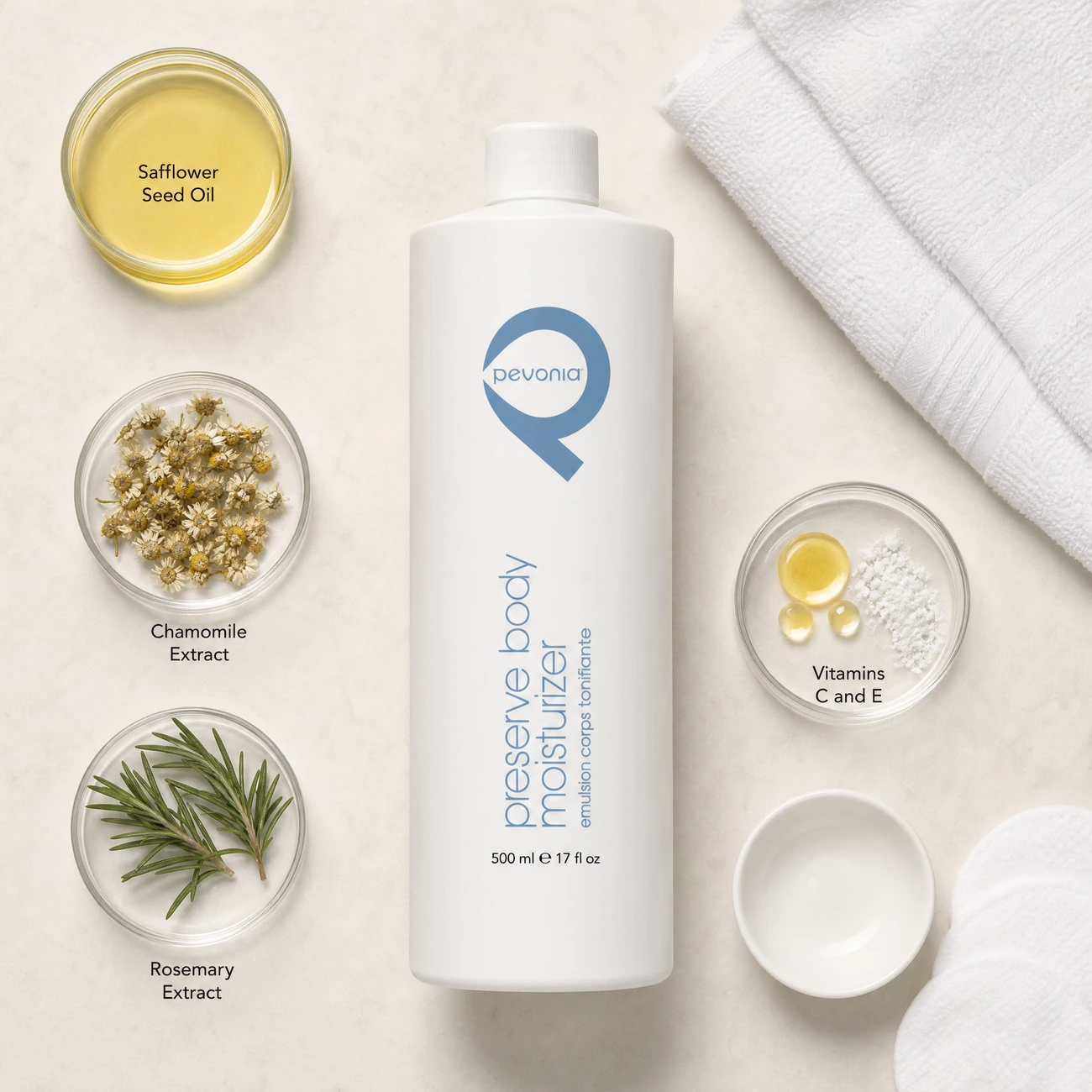 Pevonia Preserve Body Moisturiser 500ml ingredients flatlay with safflower seed oil, chamomile, rosemary sprigs, and Vitamins C and E in clean glass petri dishes for professional B2B education.
