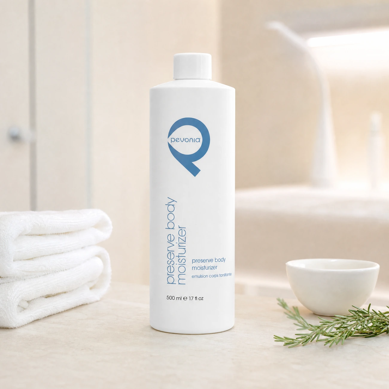 Pevonia Preserve Body Moisturiser 500ml professional tall white bottle styled in a serene clinical spa body treatment room for Beauty Collective Pro.