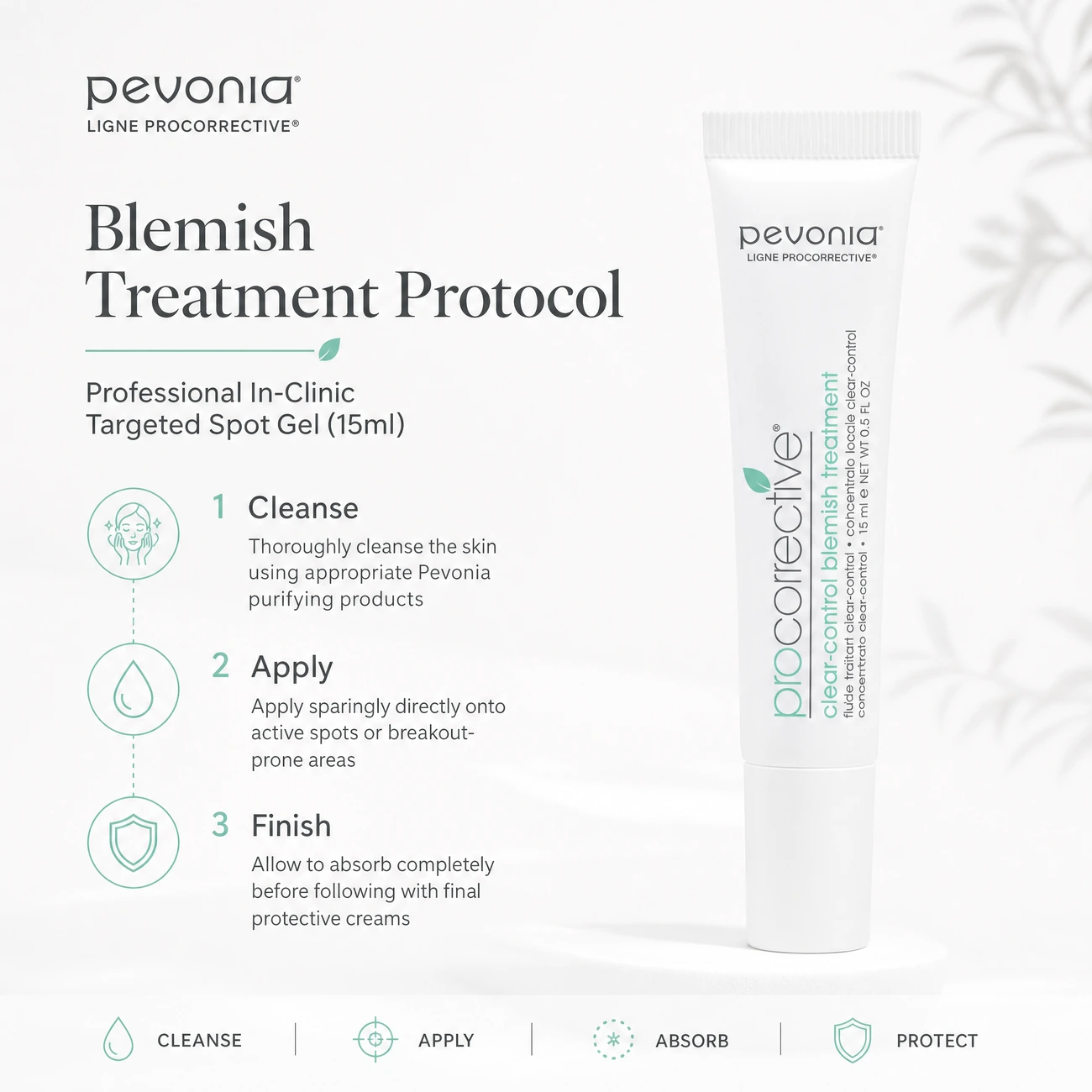 Pevonia ProCorrective Clear-Control Blemish Treatment 15ml clinic-use education image detailing the professional 3-step Cleanse, Apply, and Finish backbar spot treatment protocol.